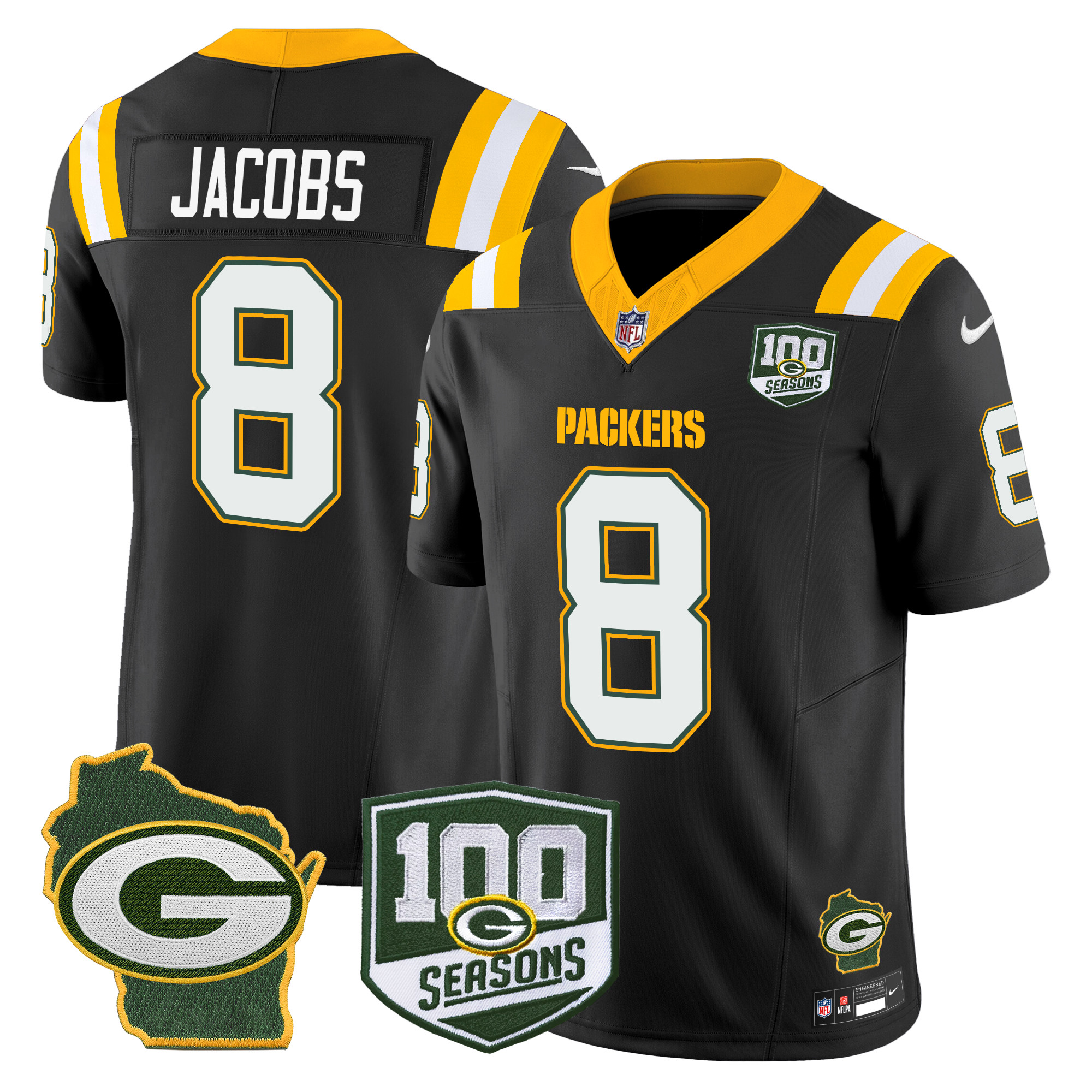 Josh Jacobs Men's Green Bay Packers 100th Season & Home Patch Vapor Limited Black Jersey - All Stitched