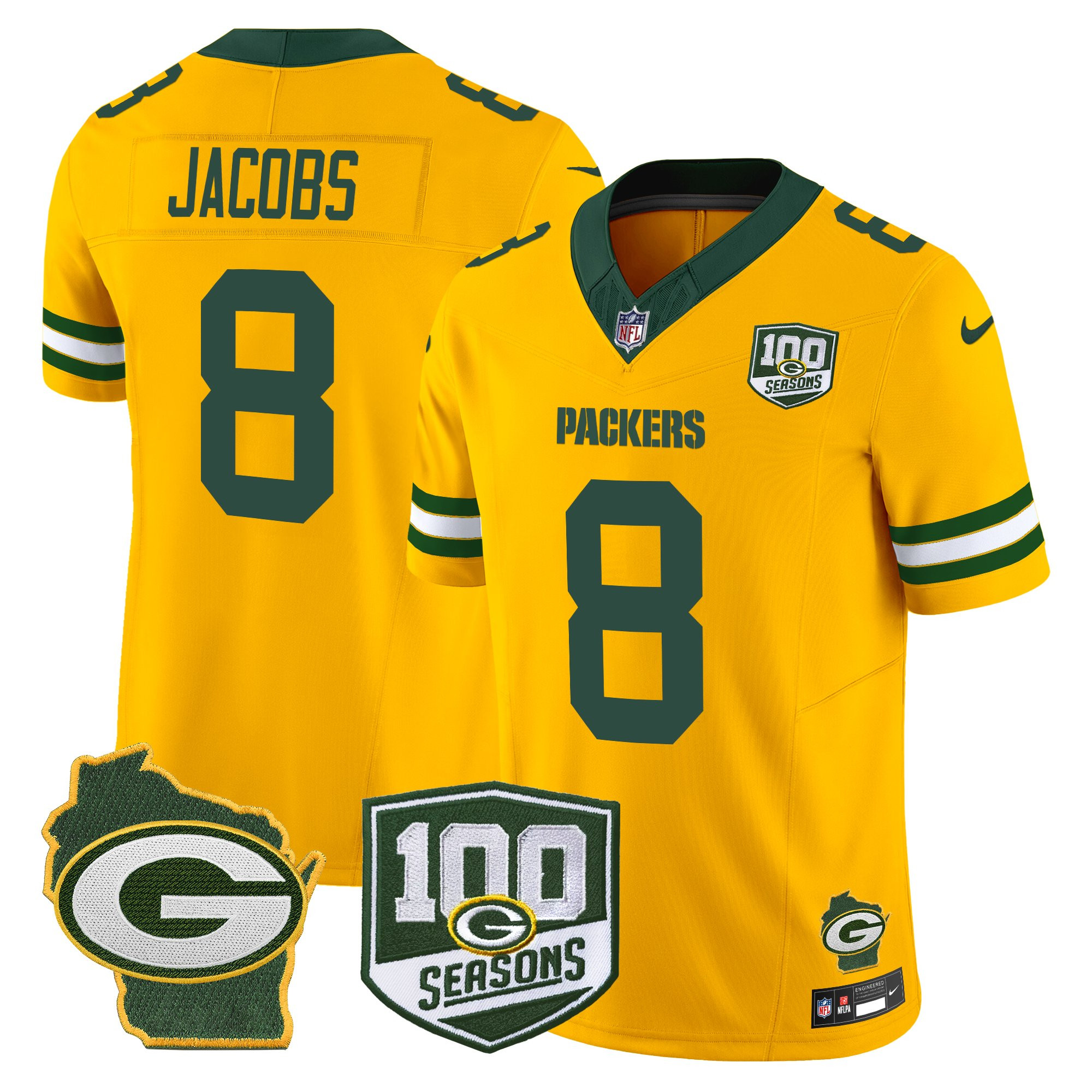 Josh Jacobs Men's Green Bay Packers 100th Season & Home Patch Vapor Limited Gold Jersey - All Stitched