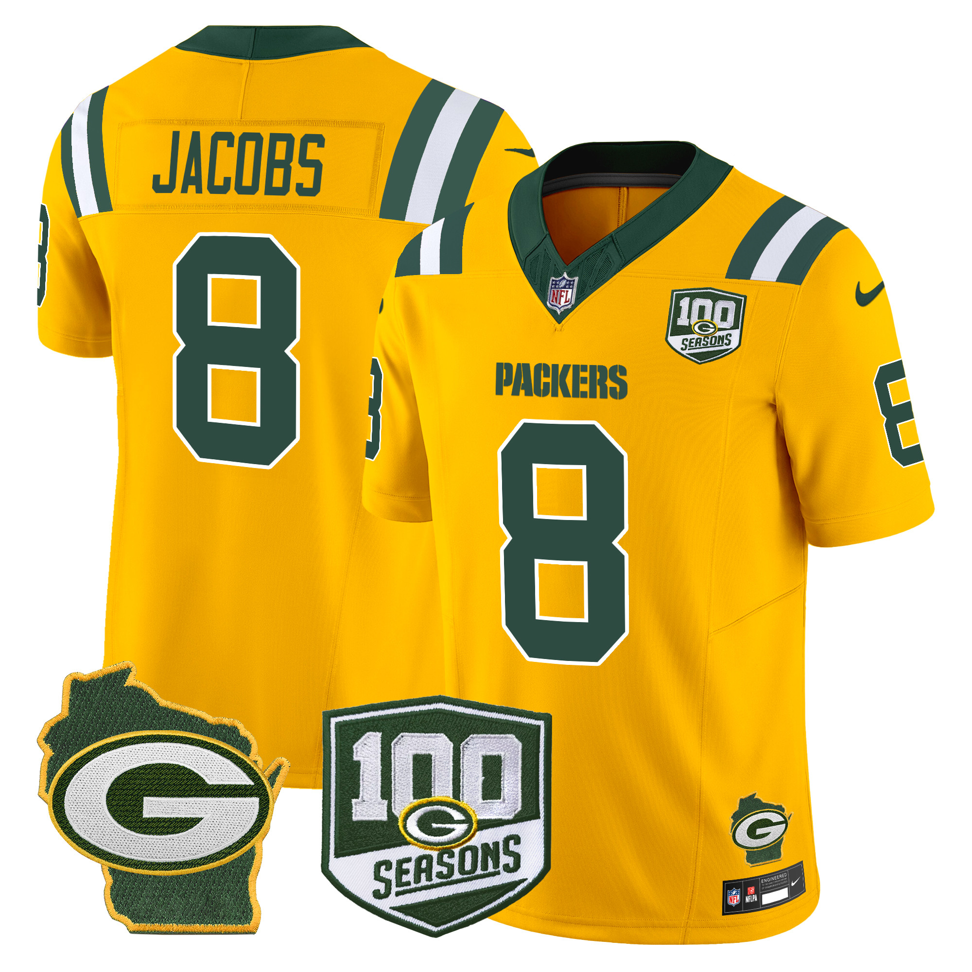 Josh Jacobs Men's Green Bay Packers 100th Season & Home Patch Vapor Limited Gold Jersey - All Stitched