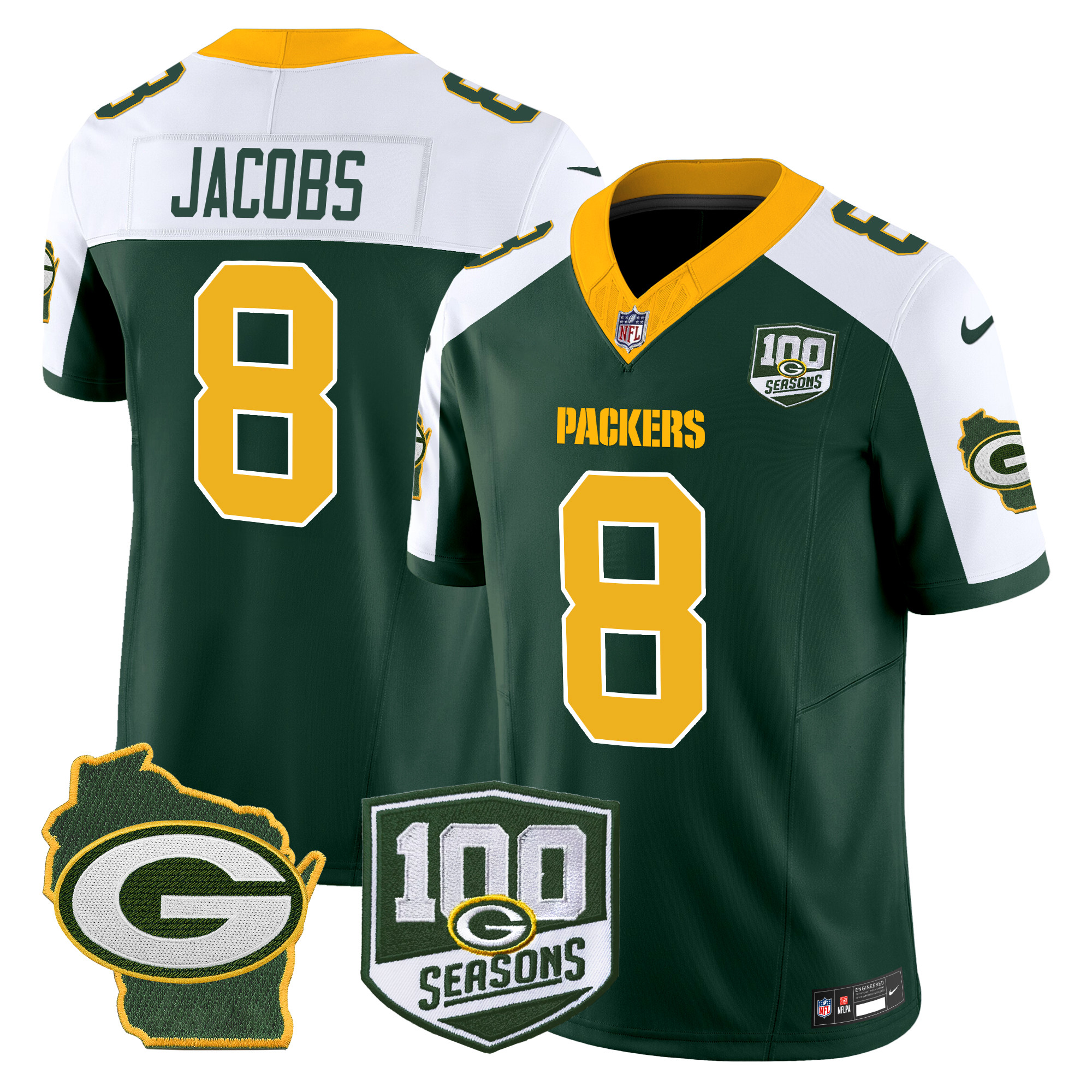 Josh Jacobs Men's Green Bay Packers 100th Season & Home Patch Vapor Limited Green Alternate Jersey - All Stitched