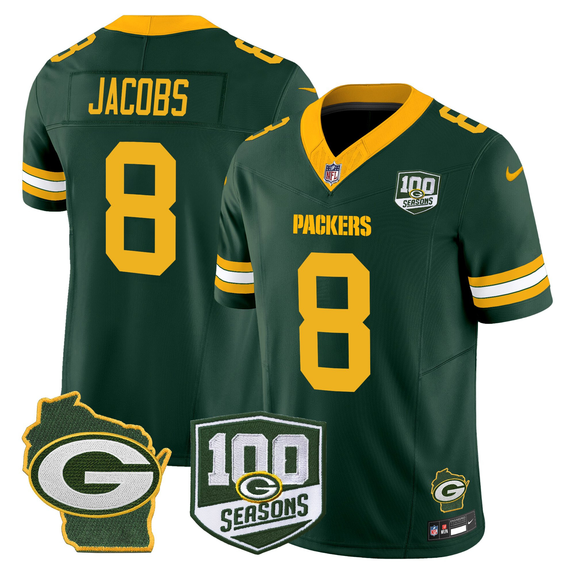 Josh Jacobs Men's Green Bay Packers 100th Season & Home Patch Vapor Limited Green Jersey - All Stitched