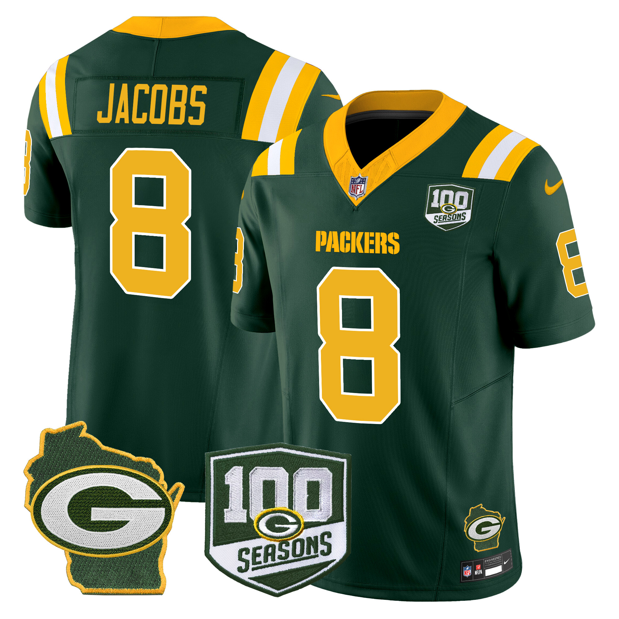 Josh Jacobs Men's Green Bay Packers 100th Season & Home Patch Vapor Limited Green Jersey - All Stitched