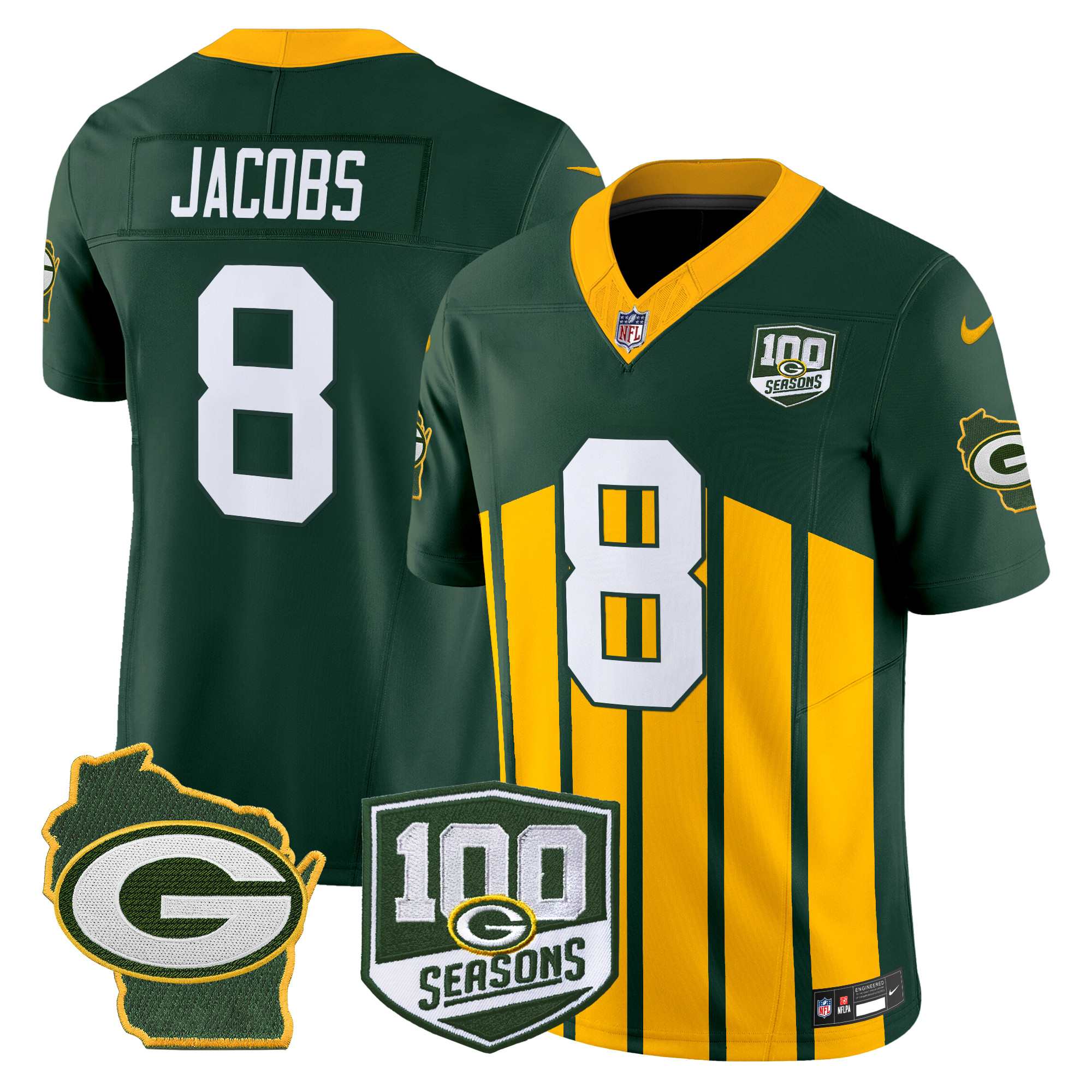Josh Jacobs Men's Green Bay Packers 100th Season & Home Patch Vapor Limited Green Special Jersey - All Stitched