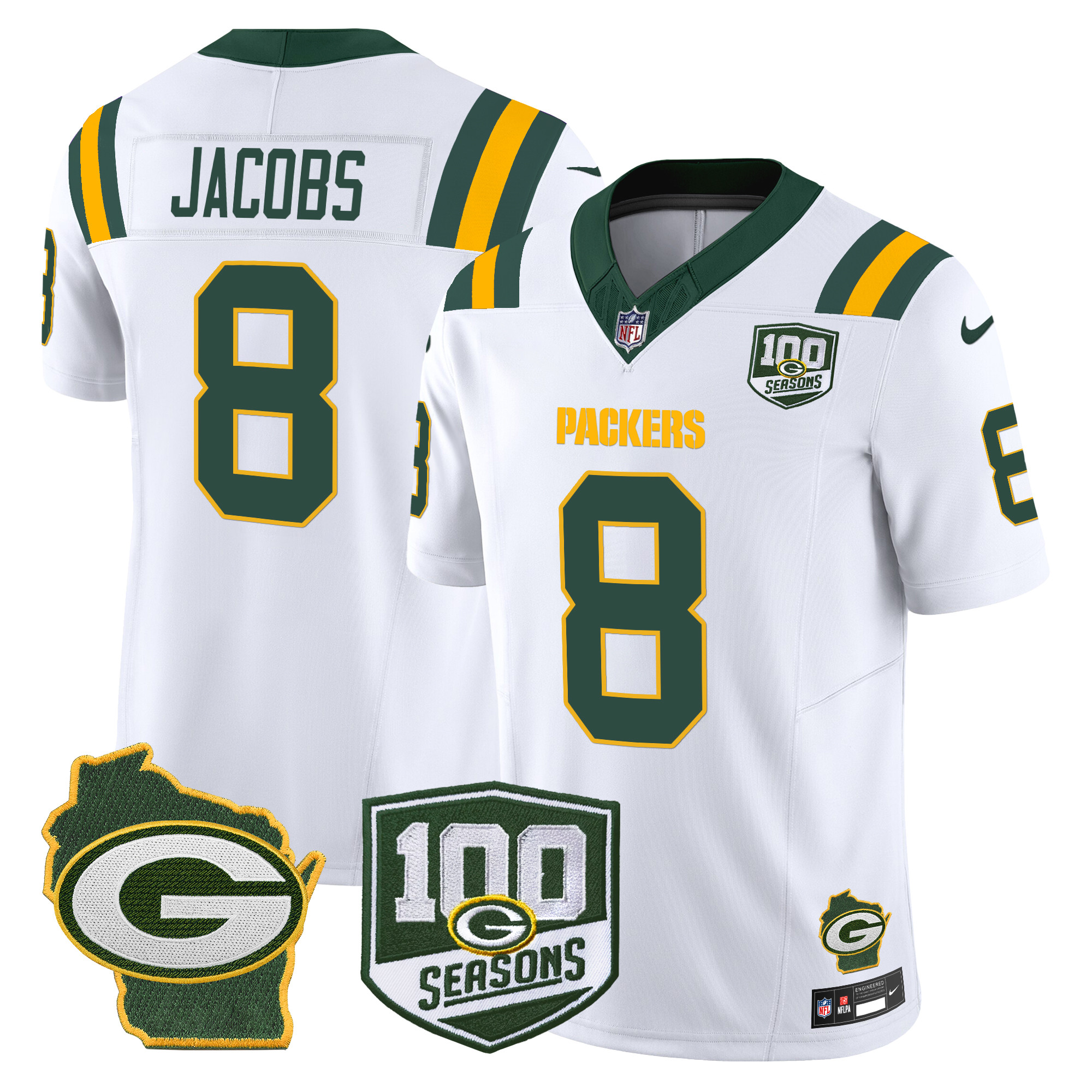 Josh Jacobs Men's Green Bay Packers 100th Season & Home Patch Vapor Limited White Jersey - All Stitched