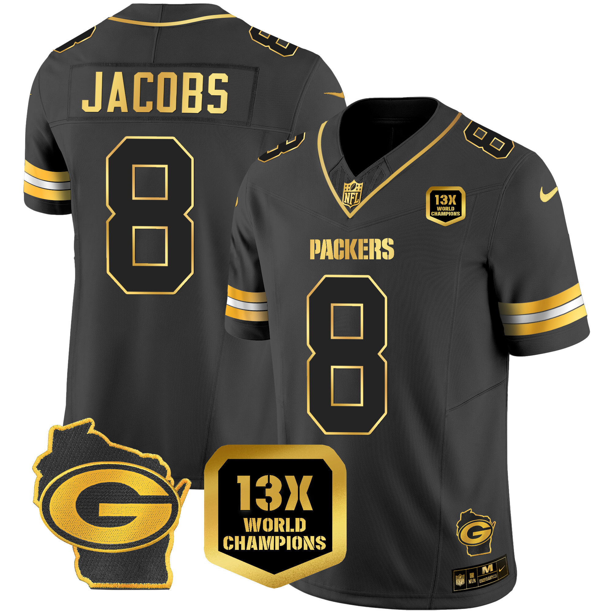 Josh Jacobs Men's Green Bay Packers 13 Time World Champions & Home Patch Gold Vapor Jersey Ã¯Â¿Â½ All Stitched Black Gold Jersey - All Stitched