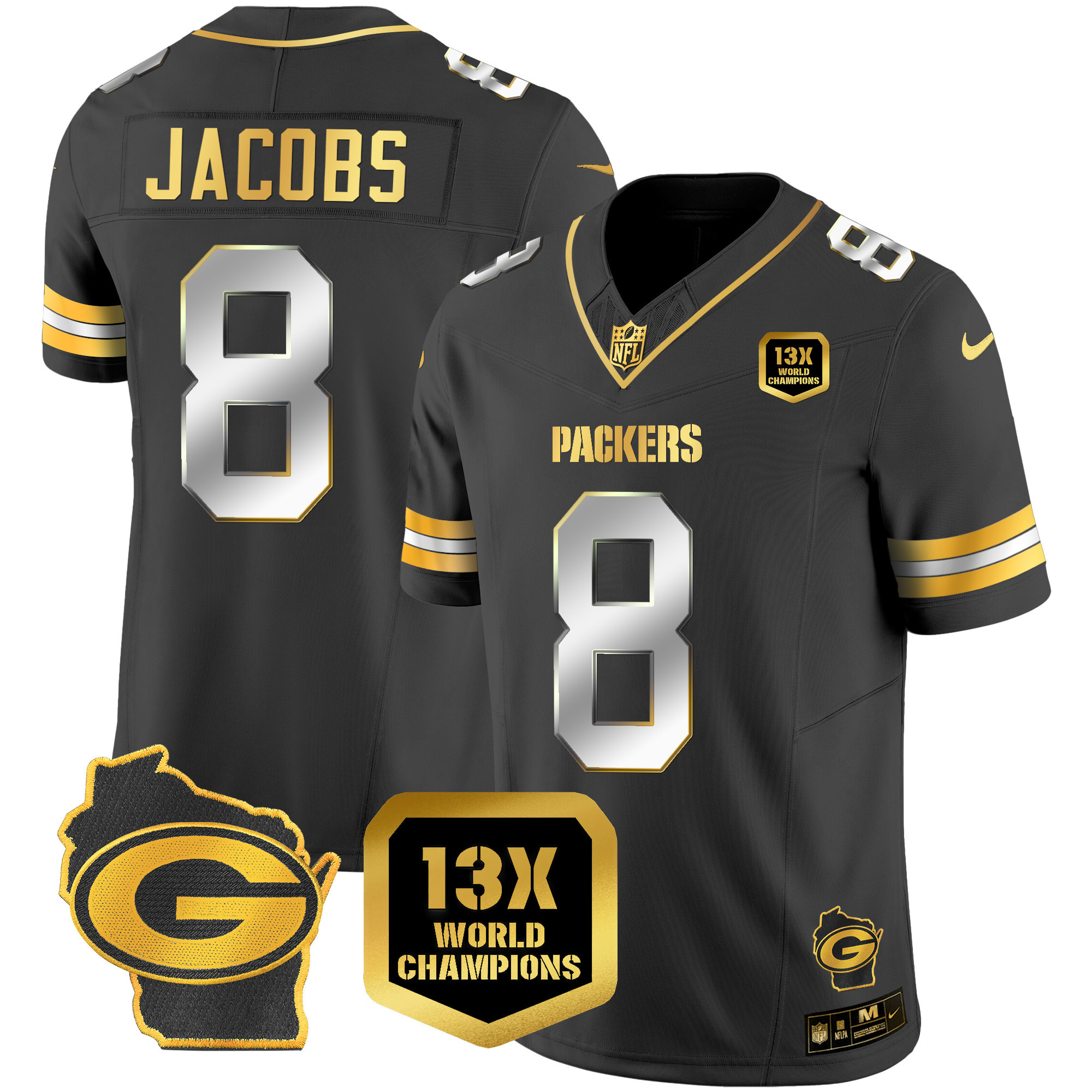 Josh Jacobs Men's Green Bay Packers 13 Time World Champions & Home Patch Gold Vapor Jersey Ã¯Â¿Â½ All Stitched Black Limited Jersey - All Stitched