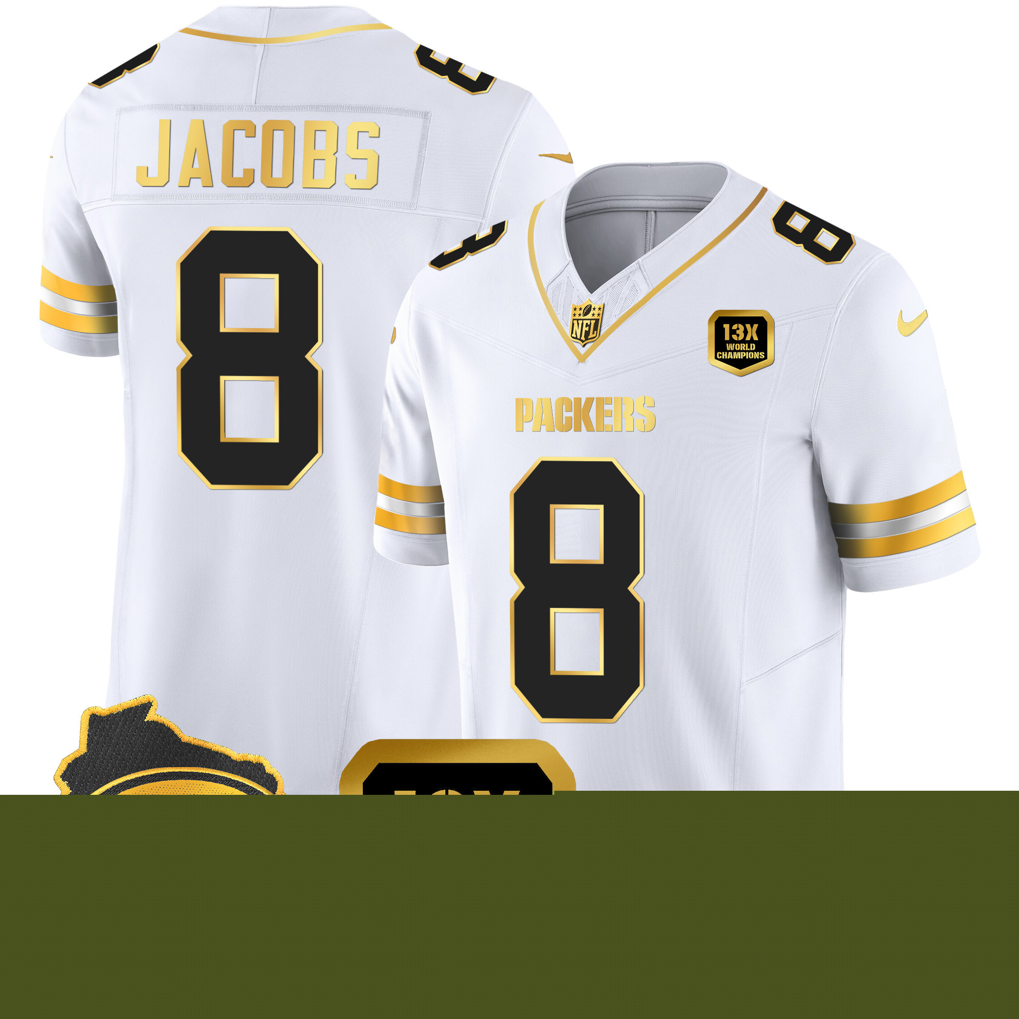 Josh Jacobs Men's Green Bay Packers 13 Time World Champions & Home Patch Gold Vapor Jersey Ã¯Â¿Â½ All Stitched White Gold Jersey - All Stitched