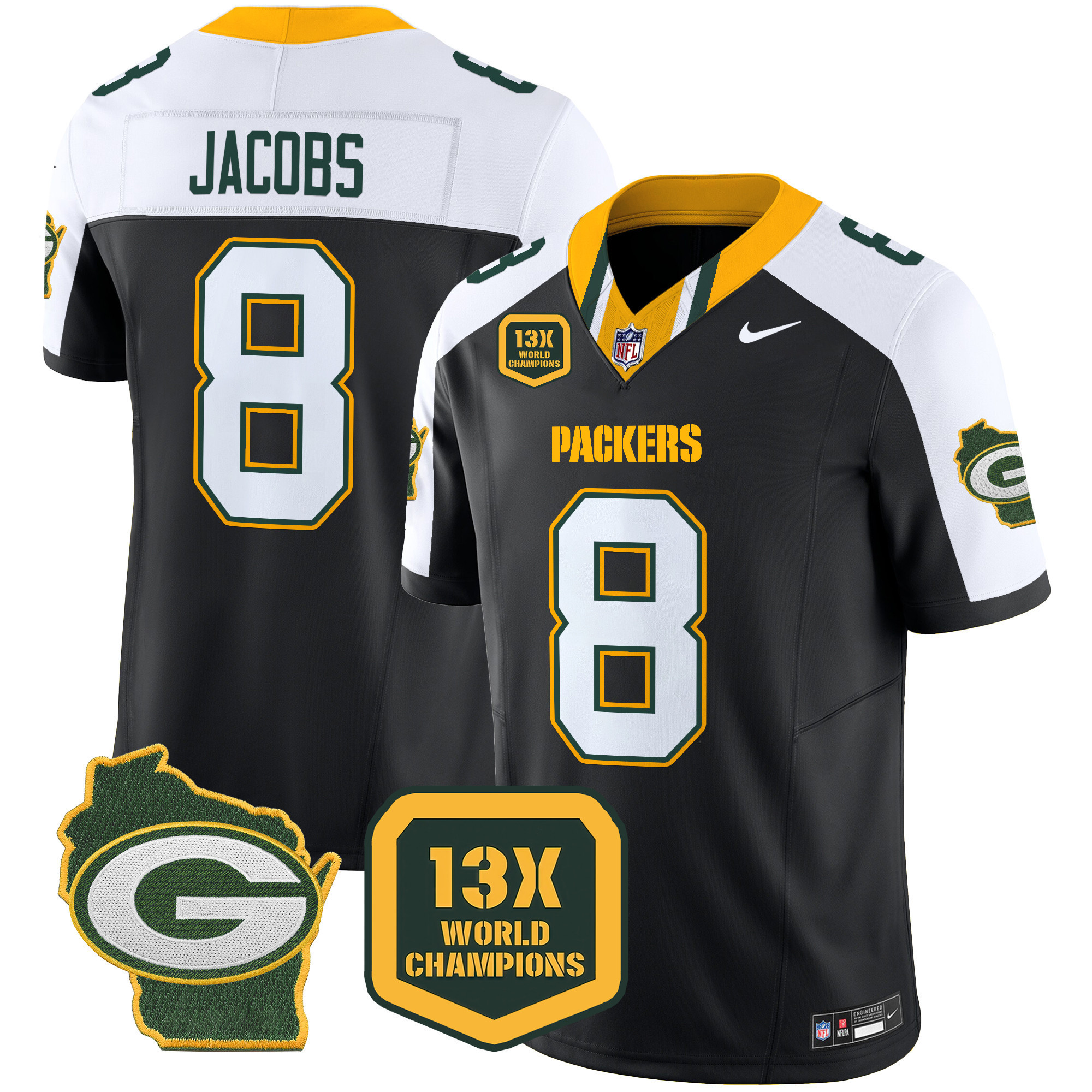 Josh Jacobs Men's Green Bay Packers 13 Time World Champions & Home Patch Vapor Limited Jersey ÃƒÂ¢Ã¢â€šÂ¬Ã¢â‚¬Å“ All Stitched Black Alternate Jersey - All Stitched