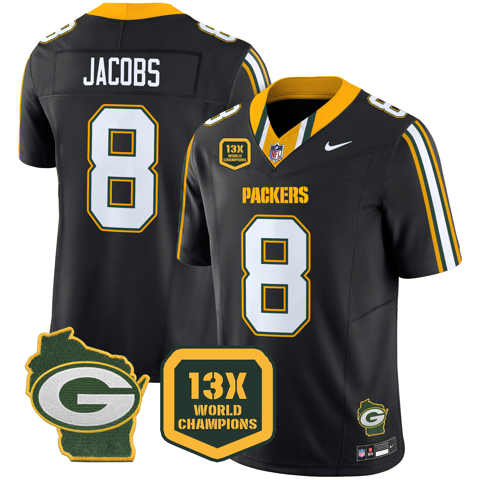 Josh Jacobs Men's Green Bay Packers 13 Time World Champions & Home Patch Vapor Limited Jersey ÃƒÂ¢Ã¢â€šÂ¬Ã¢â‚¬Å“ All Stitched Black Jersey - All Stitched