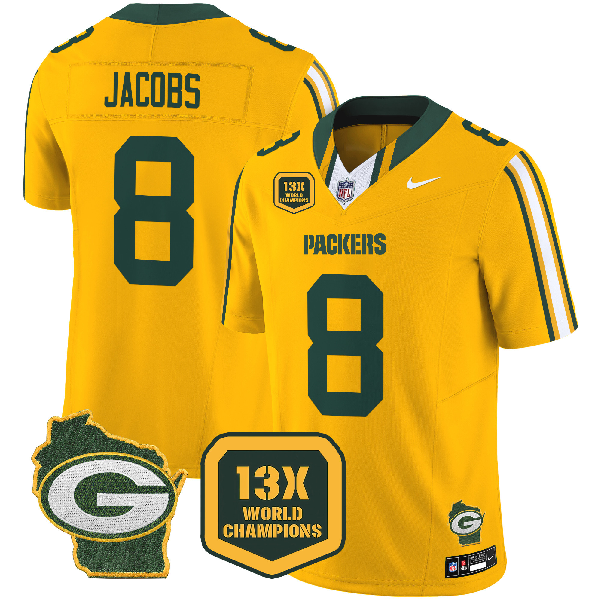 Josh Jacobs Men's Green Bay Packers 13 Time World Champions & Home Patch Vapor Limited Jersey Ã¢â‚¬â€œ All Stitched Gold Jersey - All Stitched