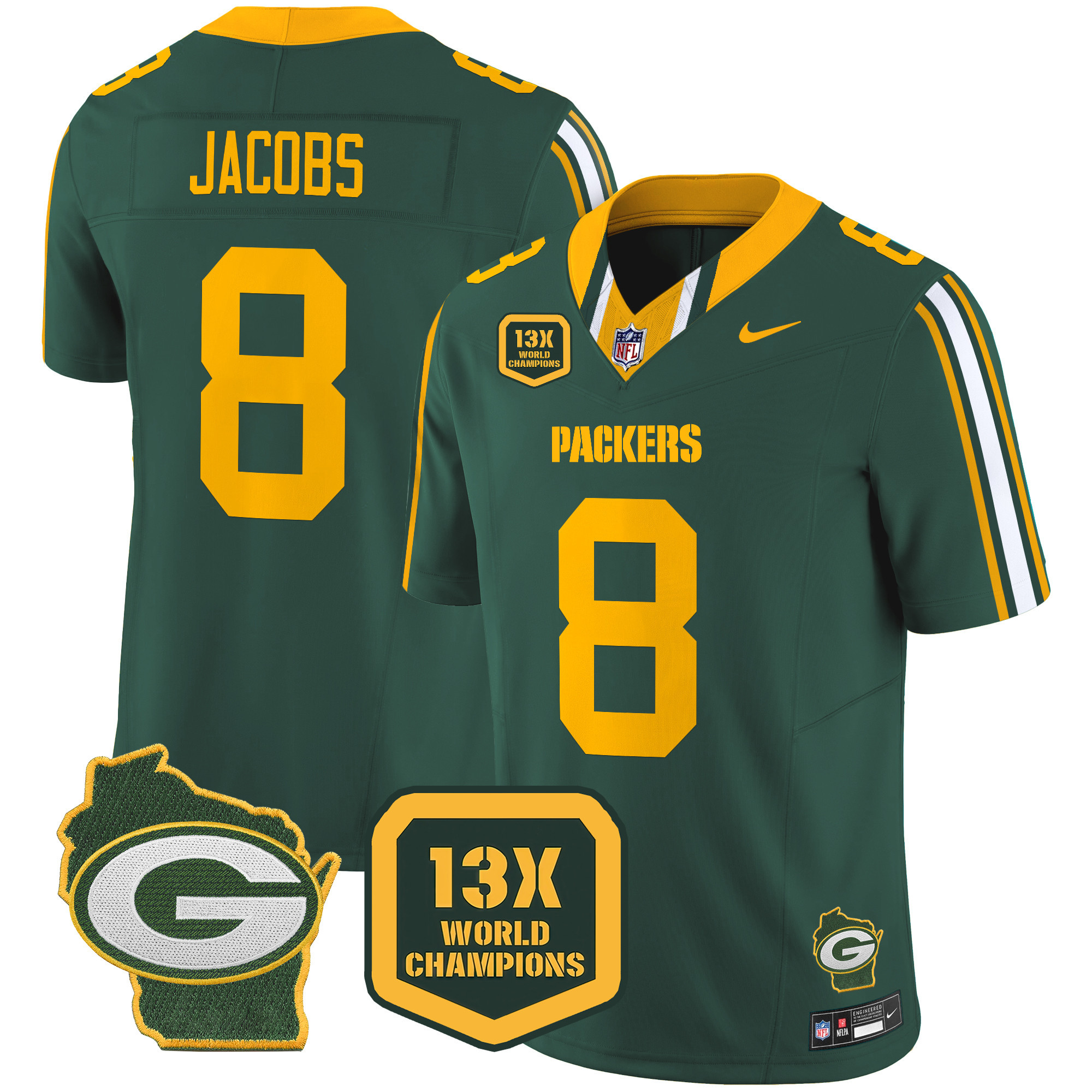 Josh Jacobs Men's Green Bay Packers 13 Time World Champions & Home Patch Vapor Limited Jersey ÃƒÂ¢Ã¢â€šÂ¬Ã¢â‚¬Å“ All Stitched Green Jersey - All Stitched