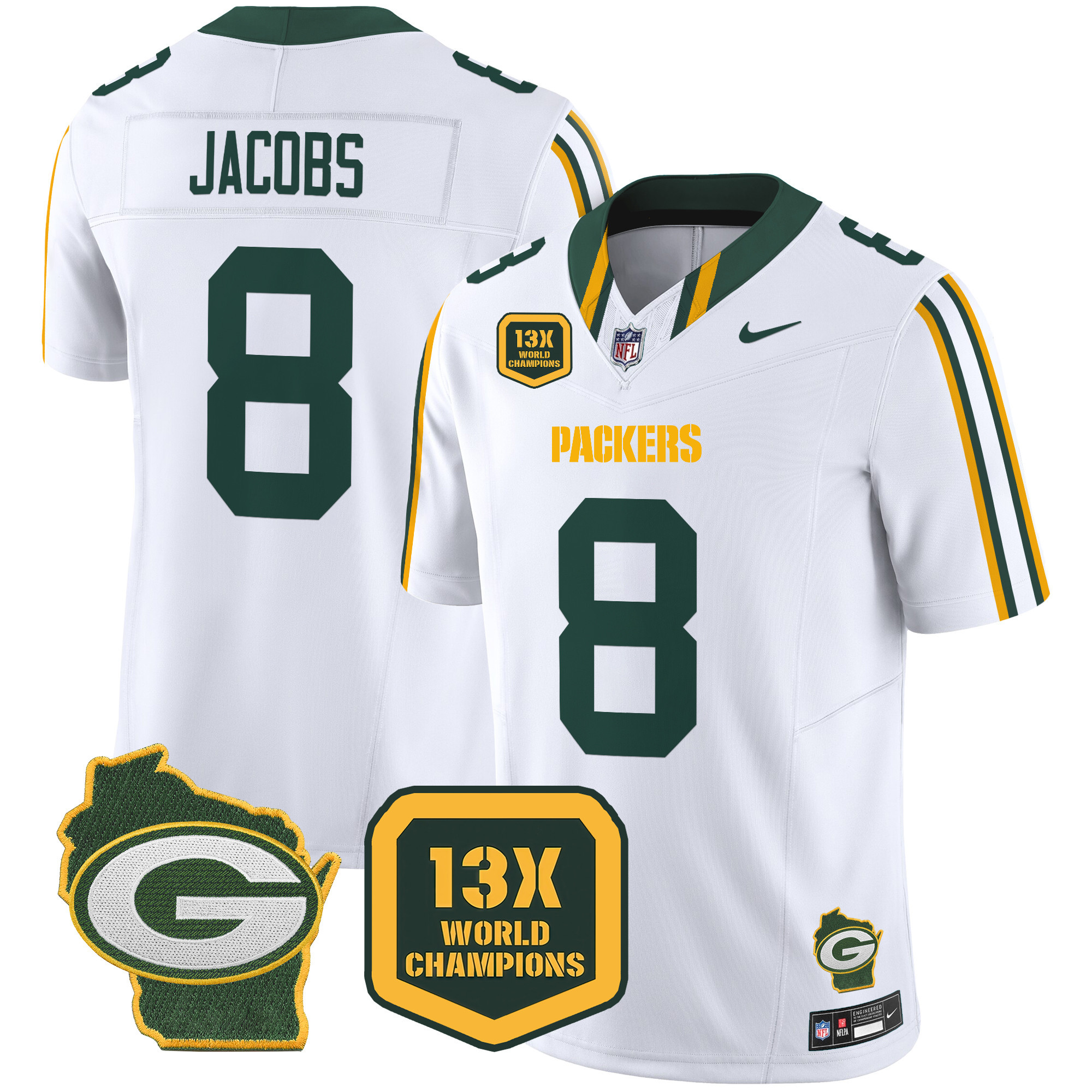 Josh Jacobs Men's Green Bay Packers 13 Time World Champions & Home Patch Vapor Limited Jersey Ã¢â‚¬â€œ All Stitched White Jersey - All Stitched