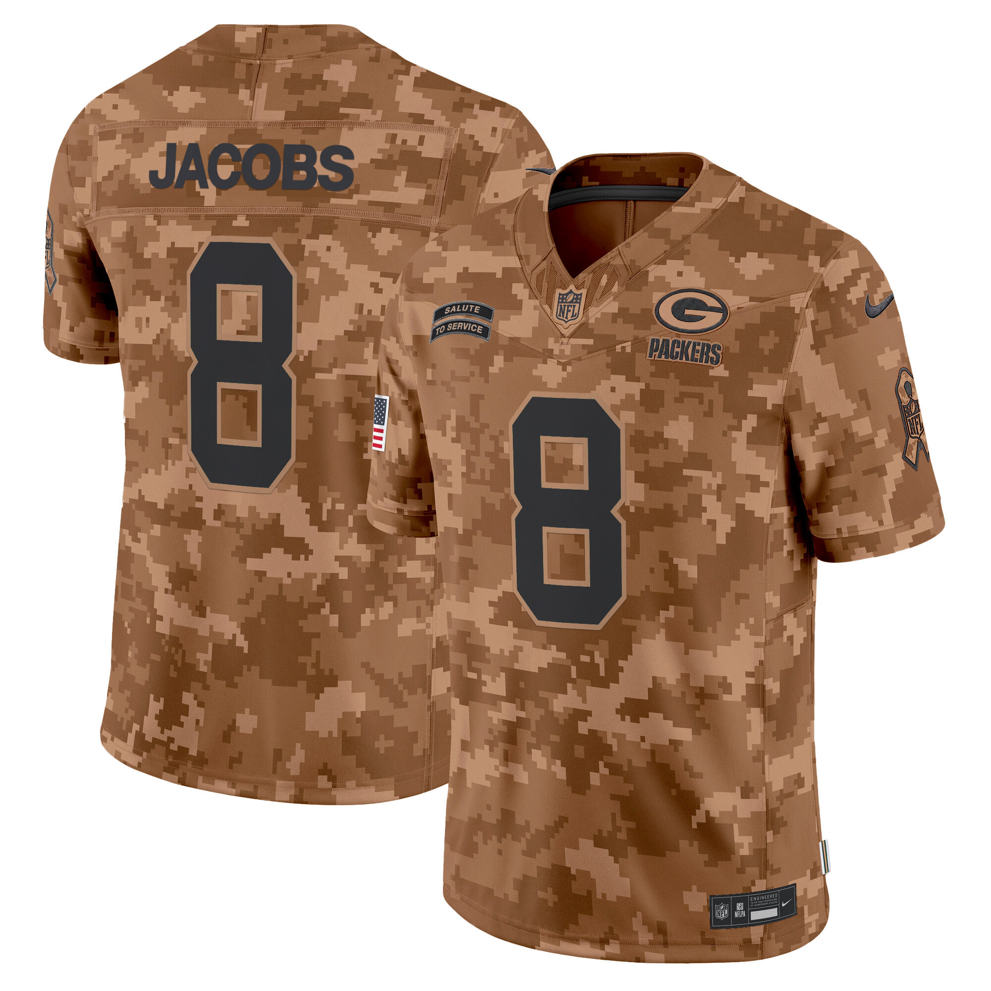 Josh Jacobs Men's Green Bay Packers 2024 Salute to Service Vapor Limited Brown Camo Jersey - All Stitched