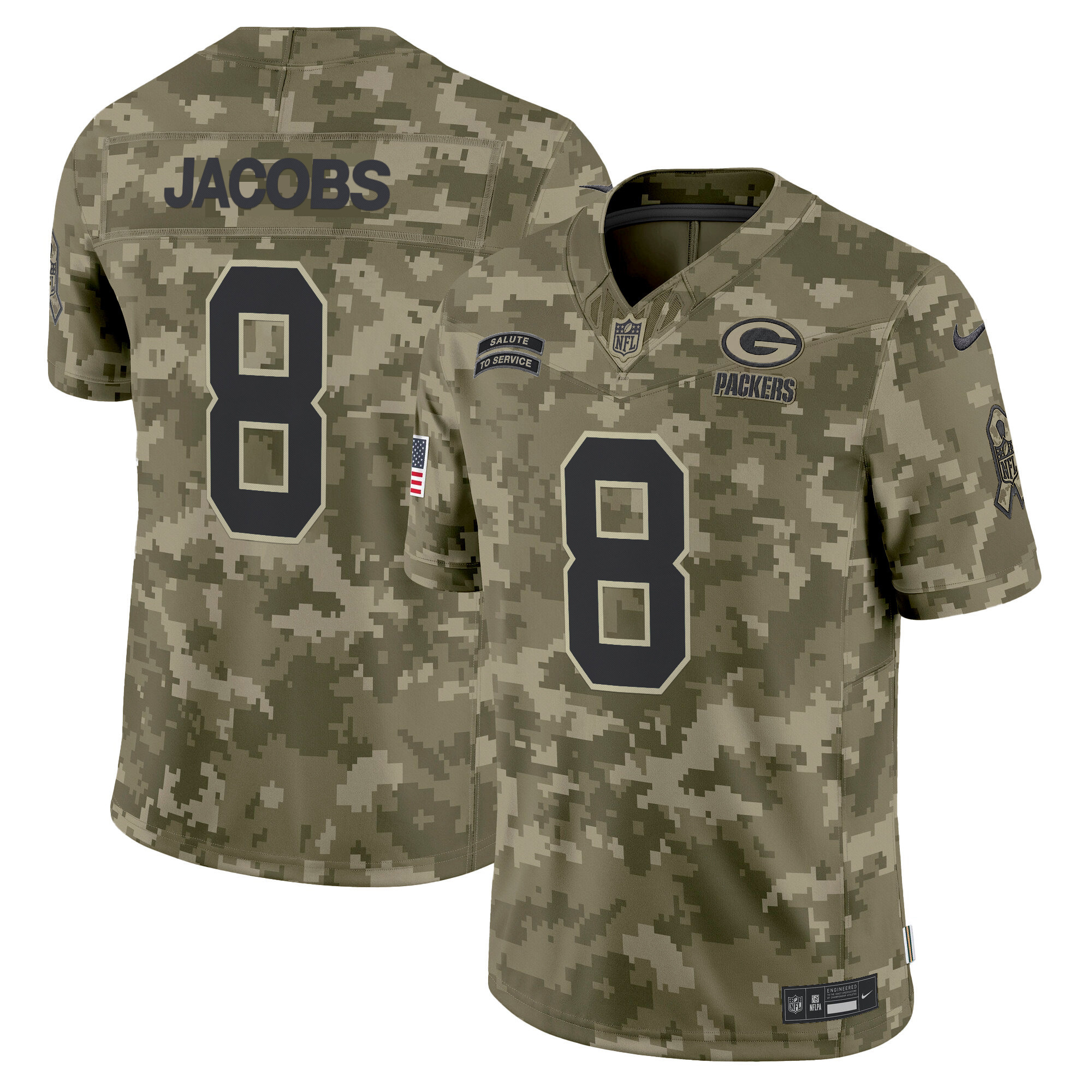 Josh Jacobs Men's Green Bay Packers 2024 Salute to Service Vapor Limited Olive Camo Jersey - All Stitched
