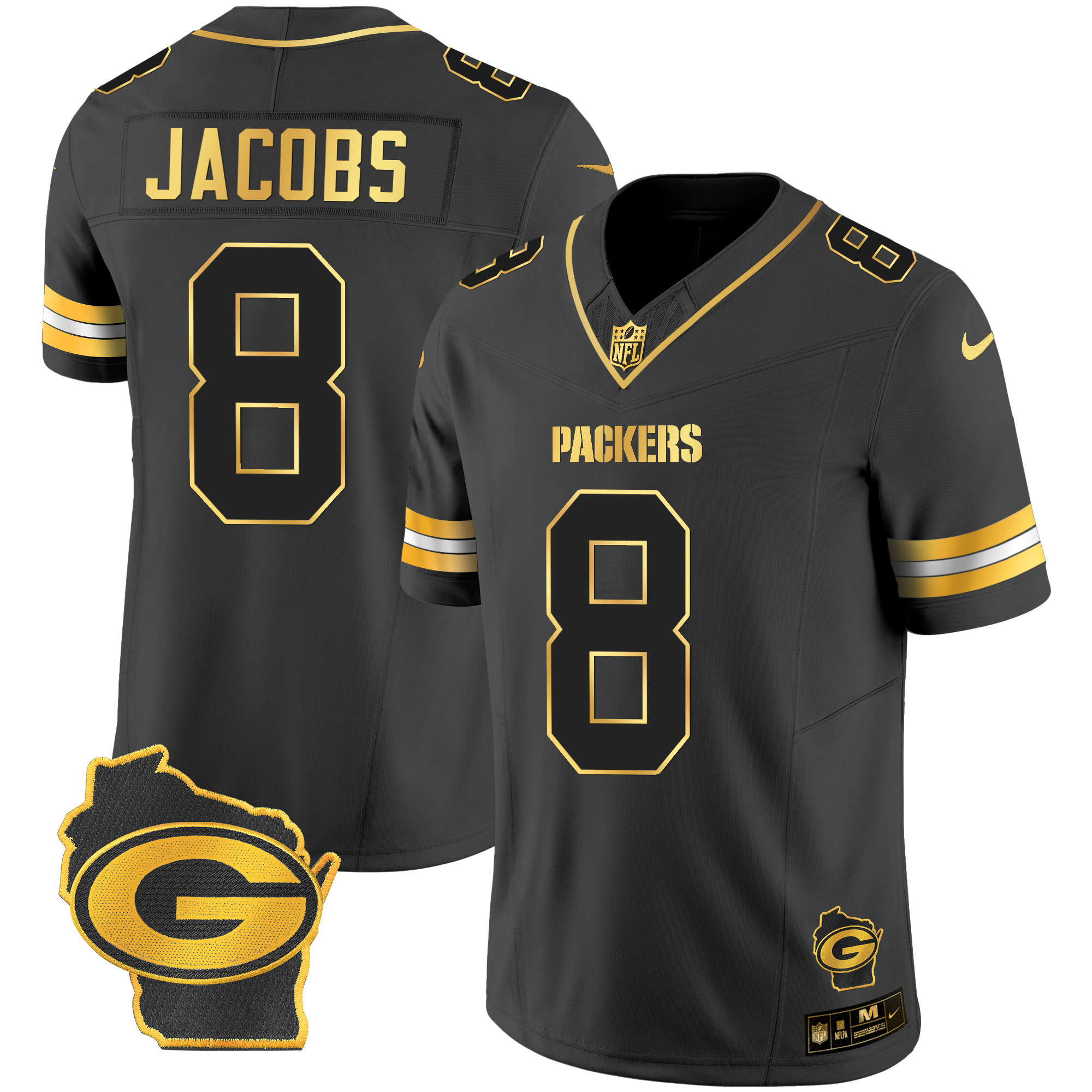 Josh Jacobs Men's Green Bay Packers Home Patch Gold Vapor Black Gold Jersey - All Stitched