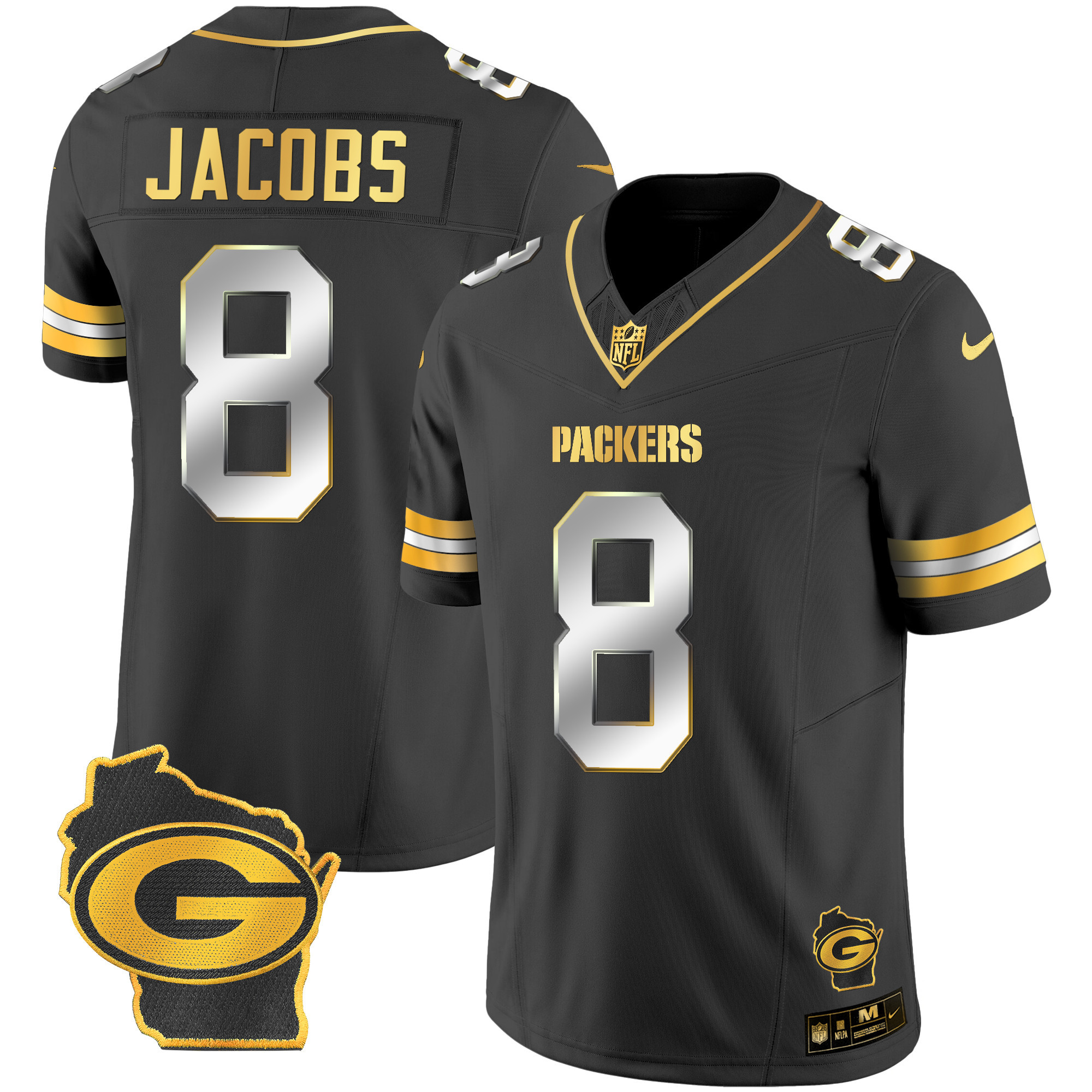 Josh Jacobs Men's Green Bay Packers Home Patch Gold Vapor Black Limited Jersey - All Stitched