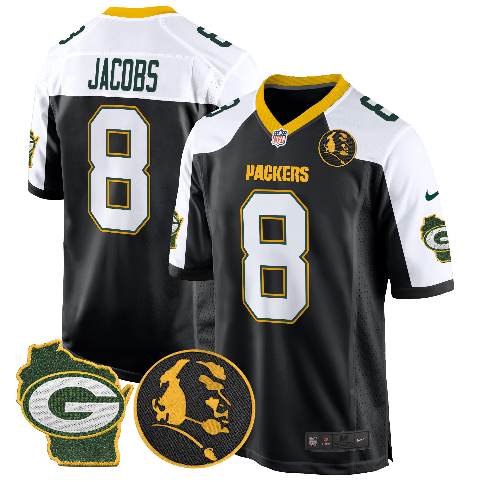 Josh Jacobs Men's Green Bay Packers John Madden & Home Patch Game Black Alternate Jersey - All Stitched