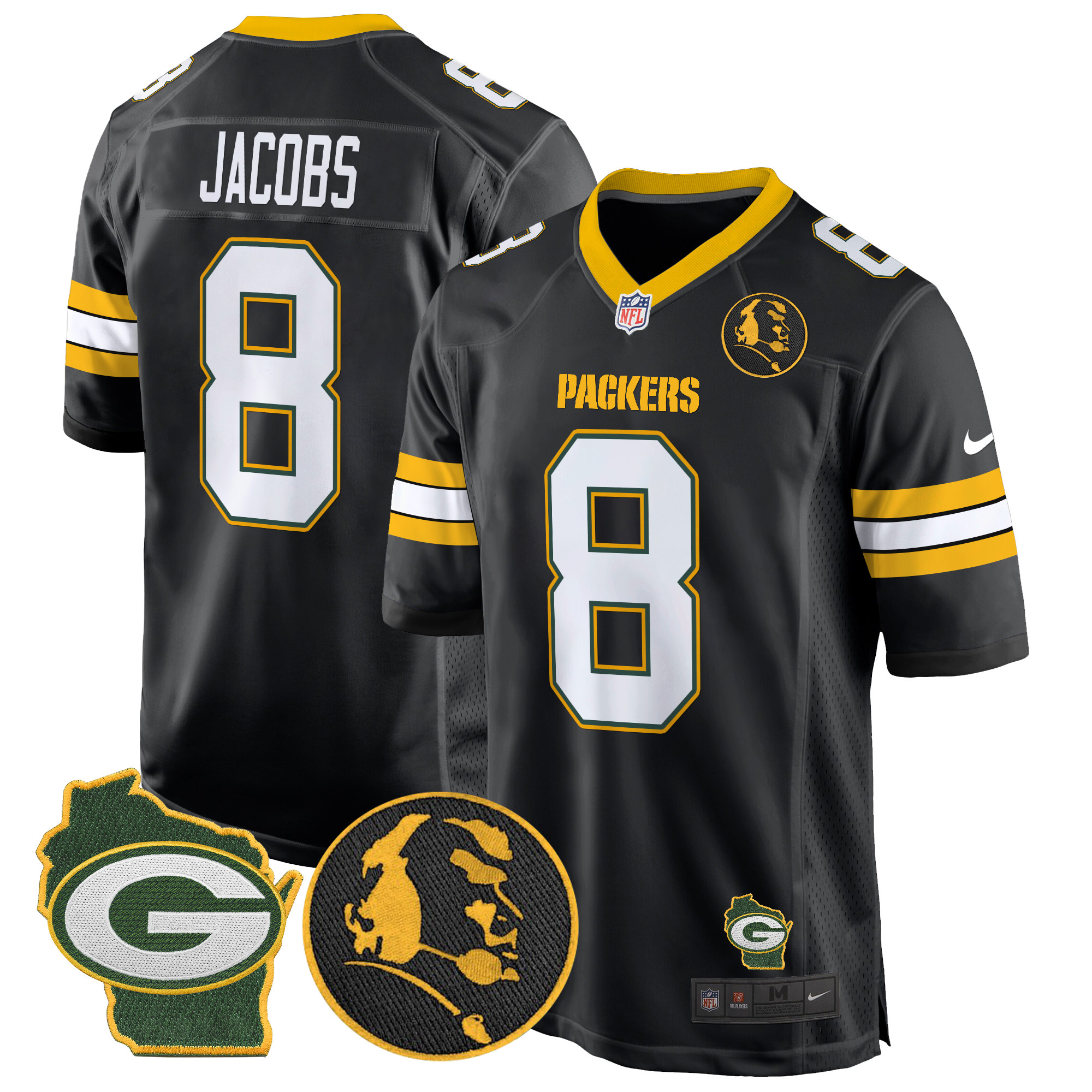 Josh Jacobs Men's Green Bay Packers John Madden & Home Patch Game Black Jersey - All Stitched