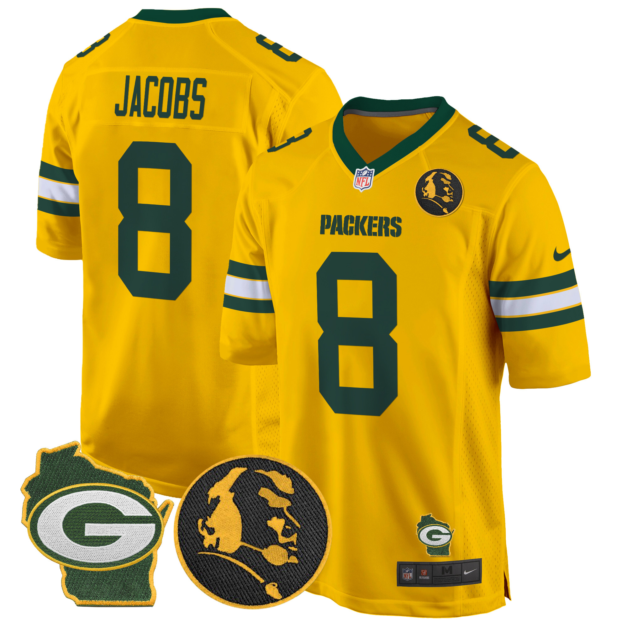 Josh Jacobs Men's Green Bay Packers John Madden & Home Patch Game Gold Jersey - All Stitched