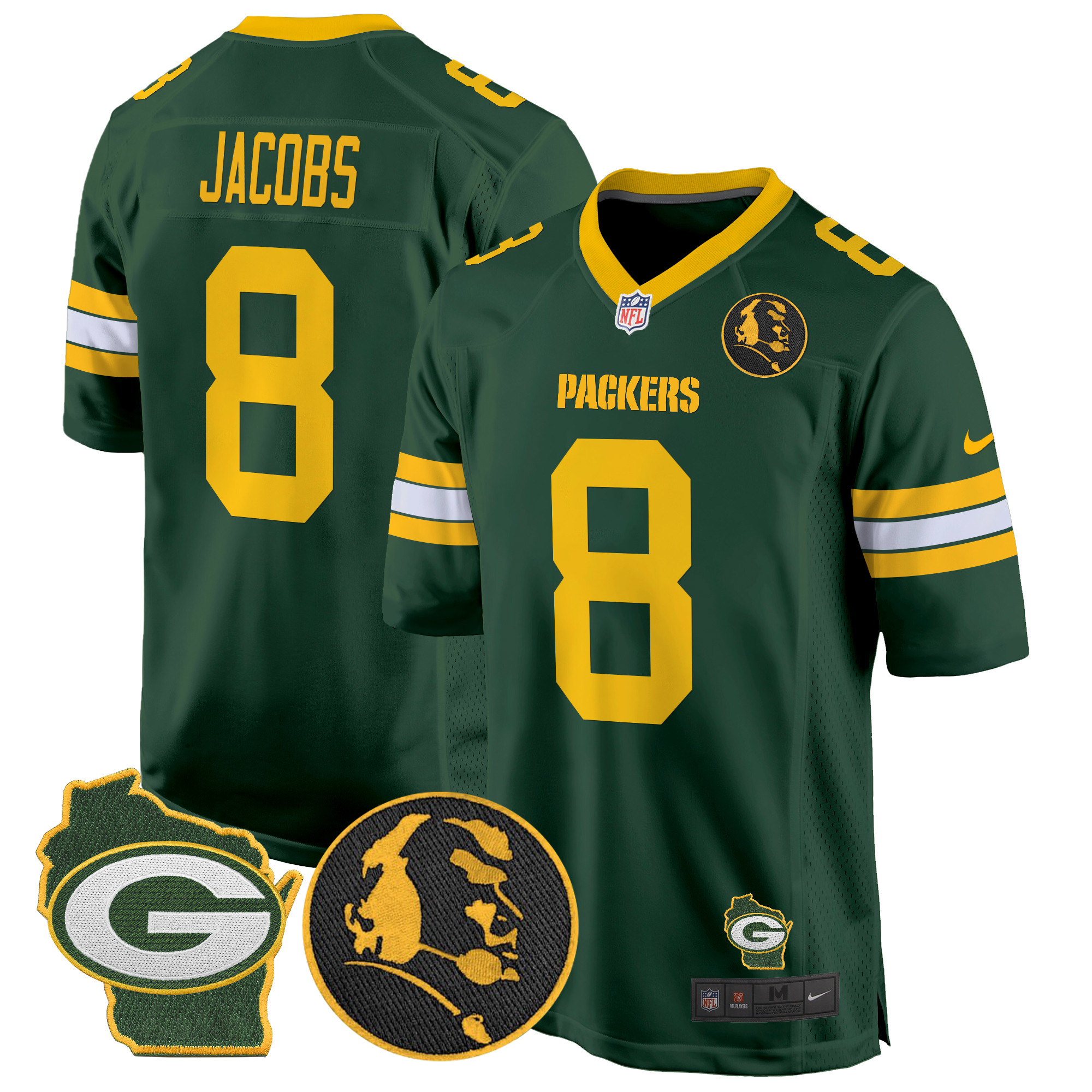 Josh Jacobs Men's Green Bay Packers John Madden & Home Patch Game Green Jersey - All Stitched