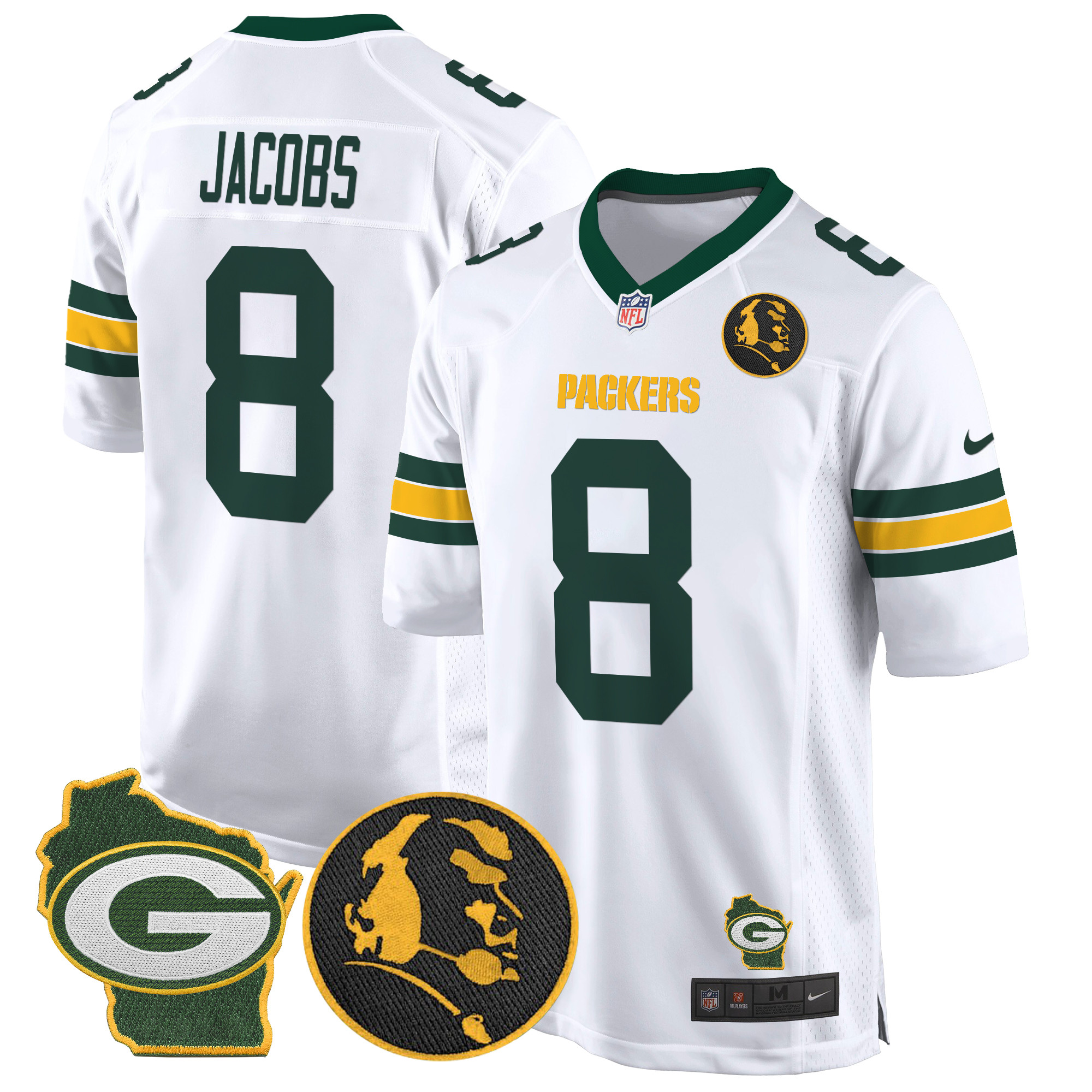 Josh Jacobs Men's Green Bay Packers John Madden & Home Patch Game White Jersey - All Stitched
