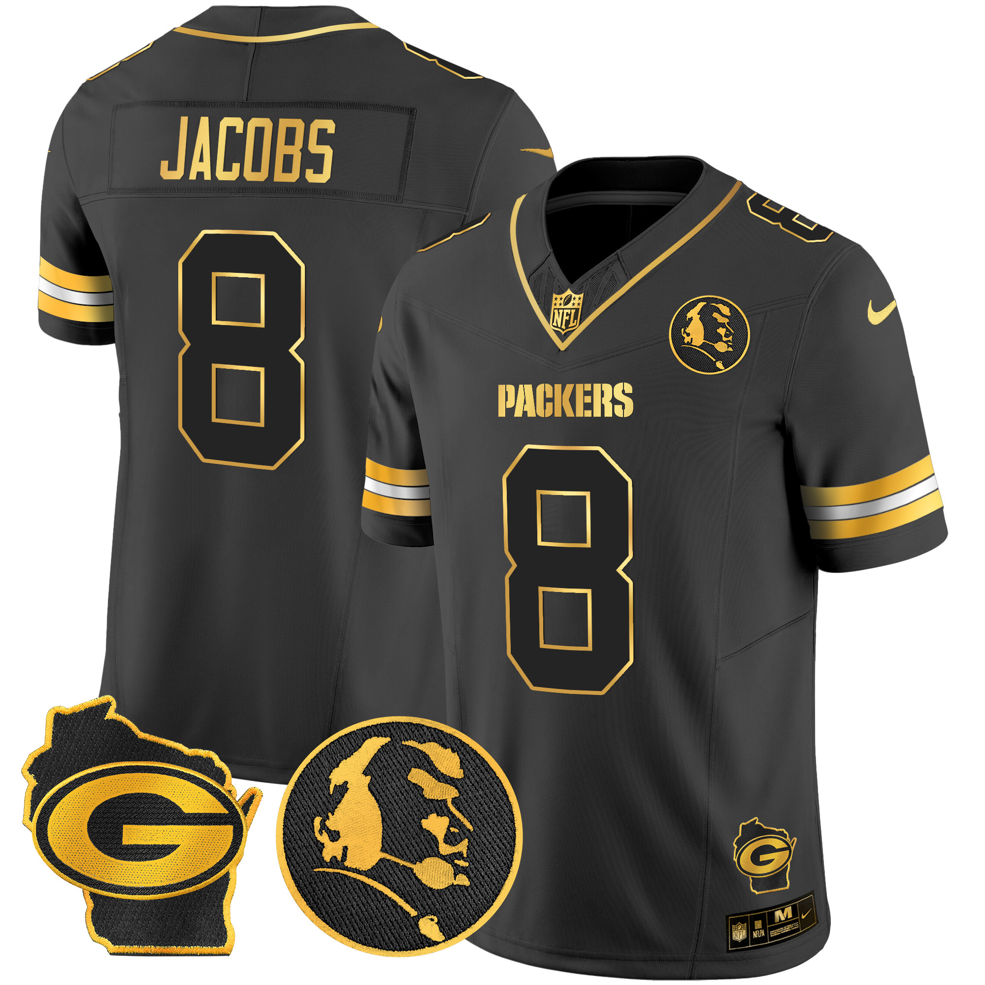 Josh Jacobs Men's Green Bay Packers John Madden & Home Patch Gold Vapor Limited Black Gold Jersey - All Stitched