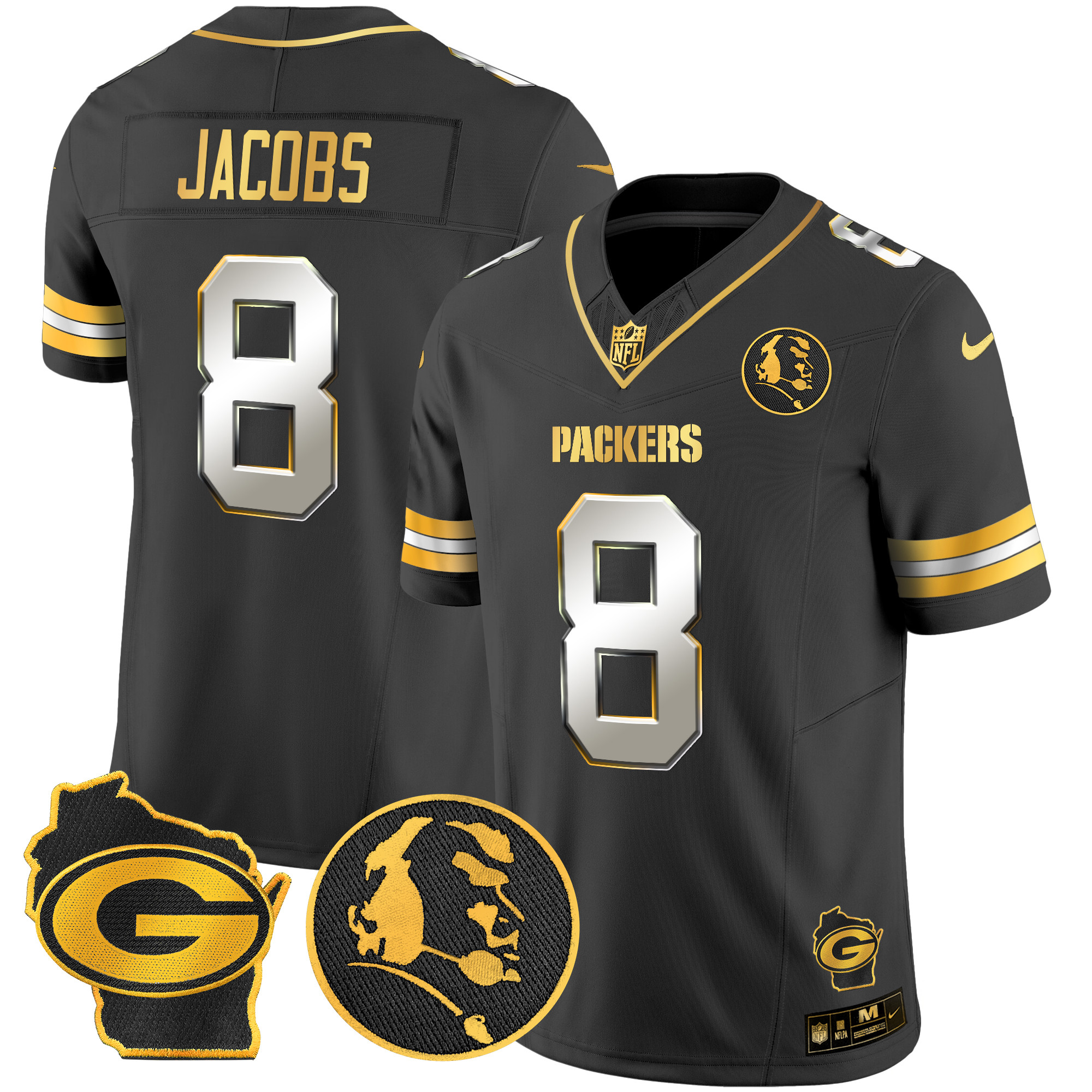 Josh Jacobs Men's Green Bay Packers John Madden & Home Patch Gold Vapor Limited Black Limited Jersey - All Stitched