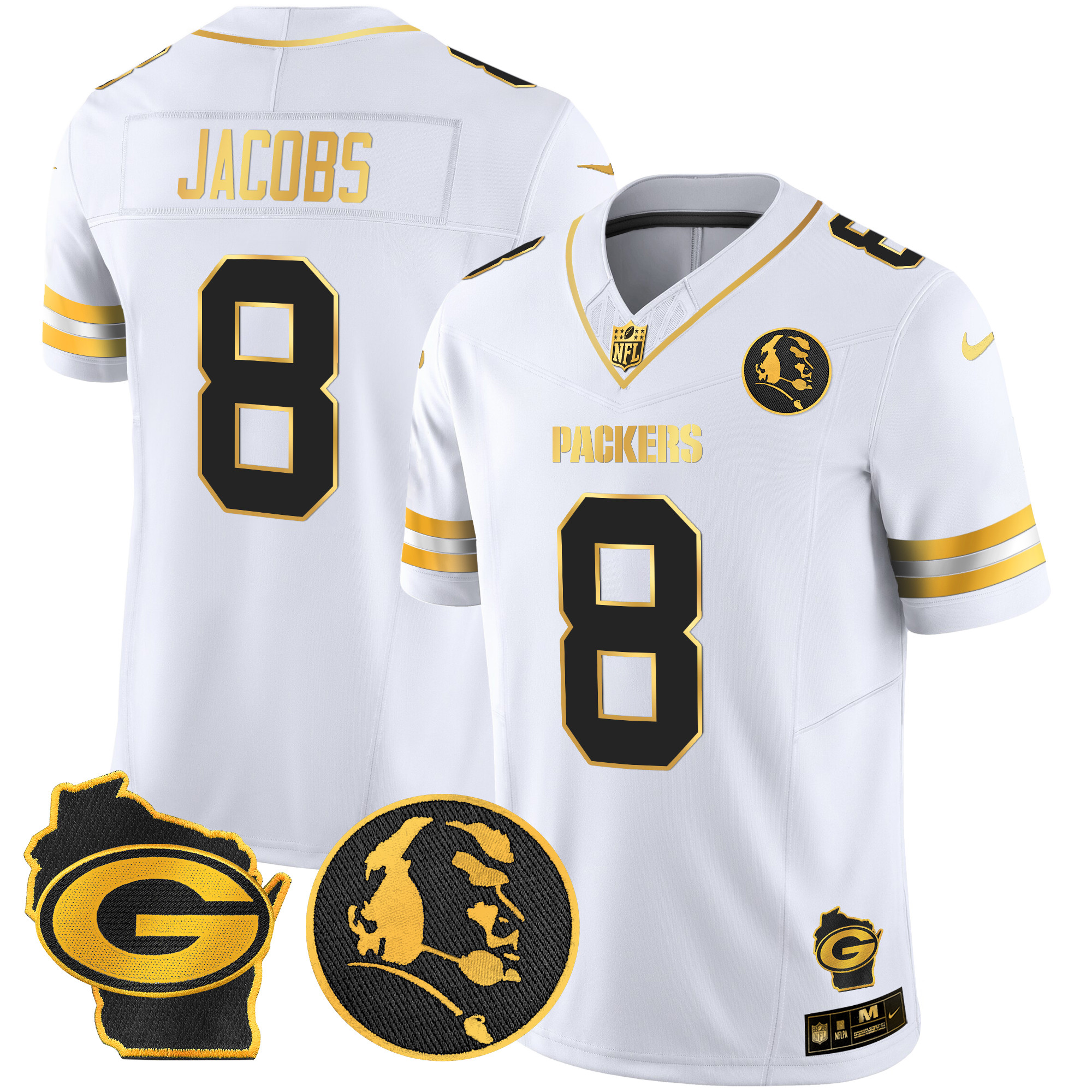 Josh Jacobs Men's Green Bay Packers John Madden & Home Patch Gold Vapor Limited White Gold Jersey - All Stitched