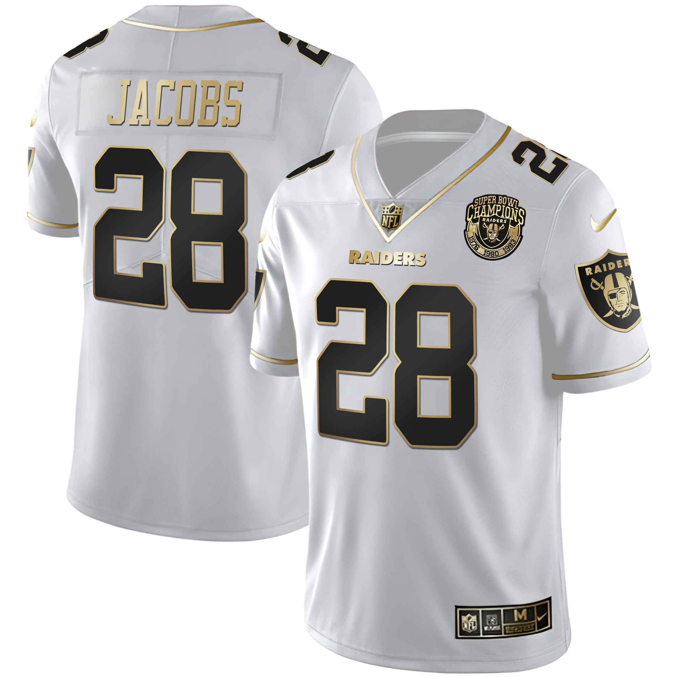 Josh Jacobs Men's Las Vegas Raiders 1976 - 1980 - 1983 Super Bowl Champions Patch White Gold and Black Gold - All Stitched White Gold Jersey - All Stitched