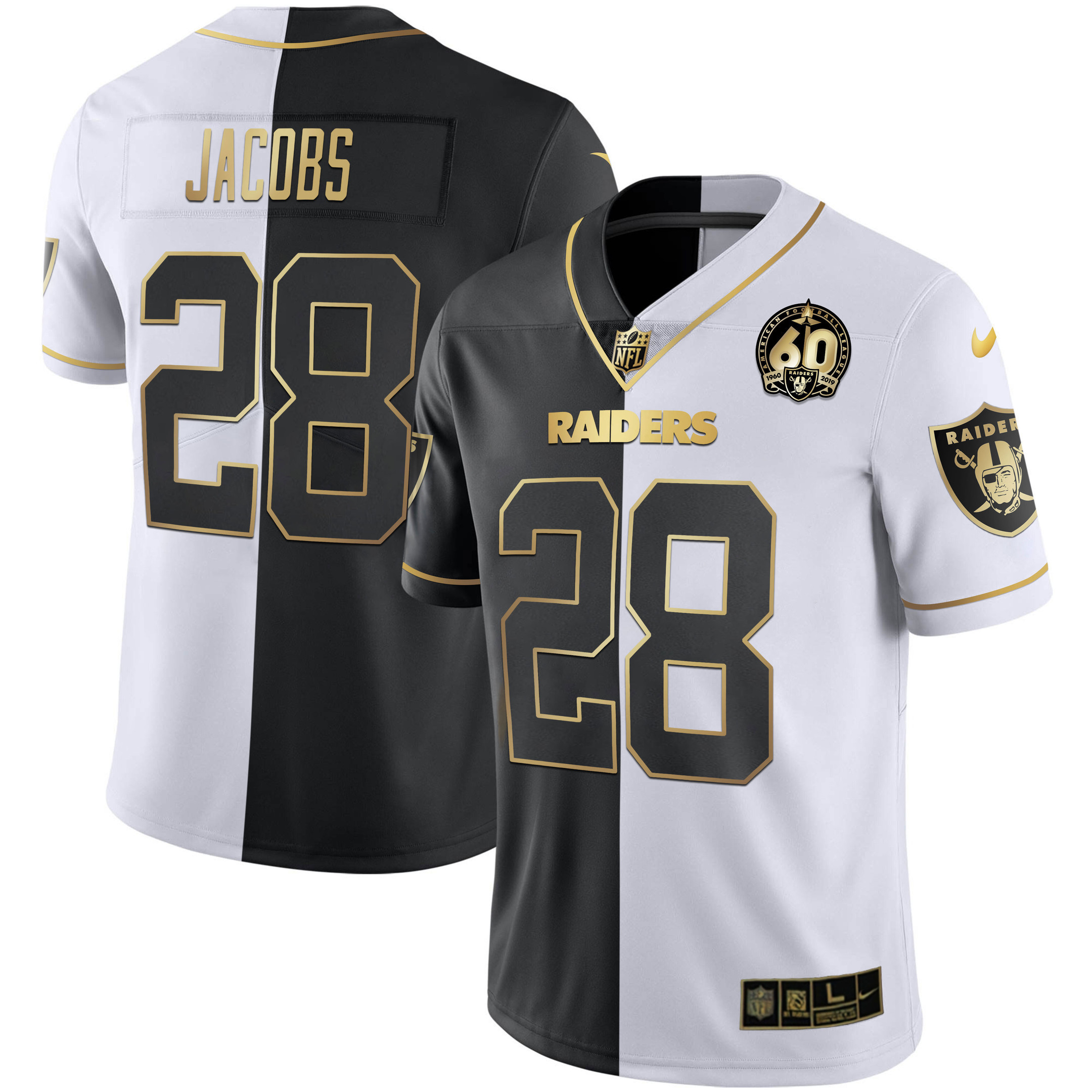 Josh Jacobs Men's Las Vegas Raiders 60th Season Patch Gold & Split - All Stitched Split Gold Jersey - All Stitched