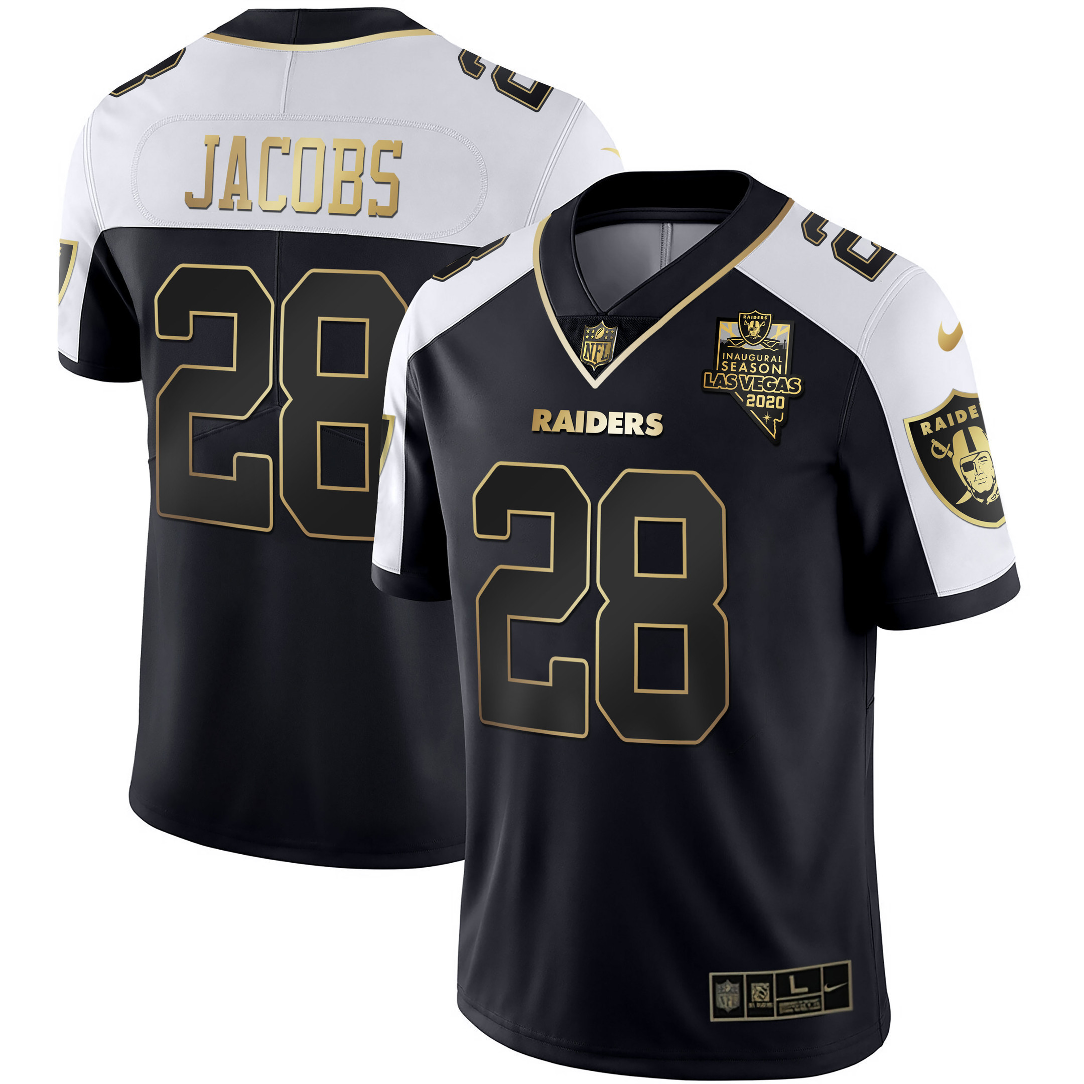 Josh Jacobs Men's Las Vegas Raiders Alternate Vapor Black Gold & Black Inverted Limited Inaugural Season Patch - All Stitched Black Gold Jersey - All Stitched
