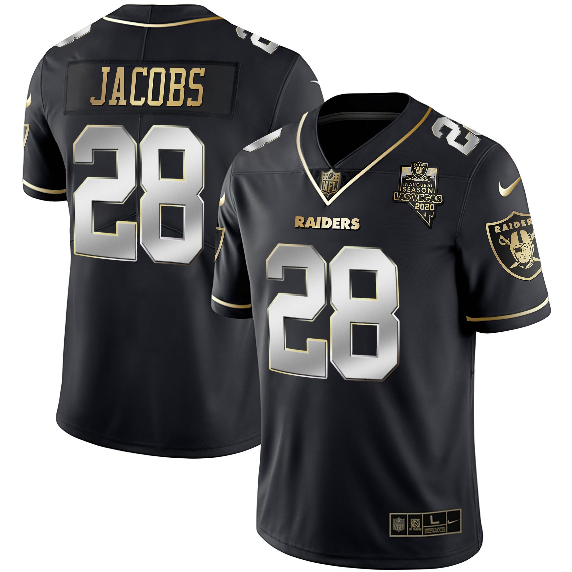 Josh Jacobs Men's Las Vegas Raiders Inaugural Season Patch Gold & Split - All Stitched Black Limited Jersey - All Stitched