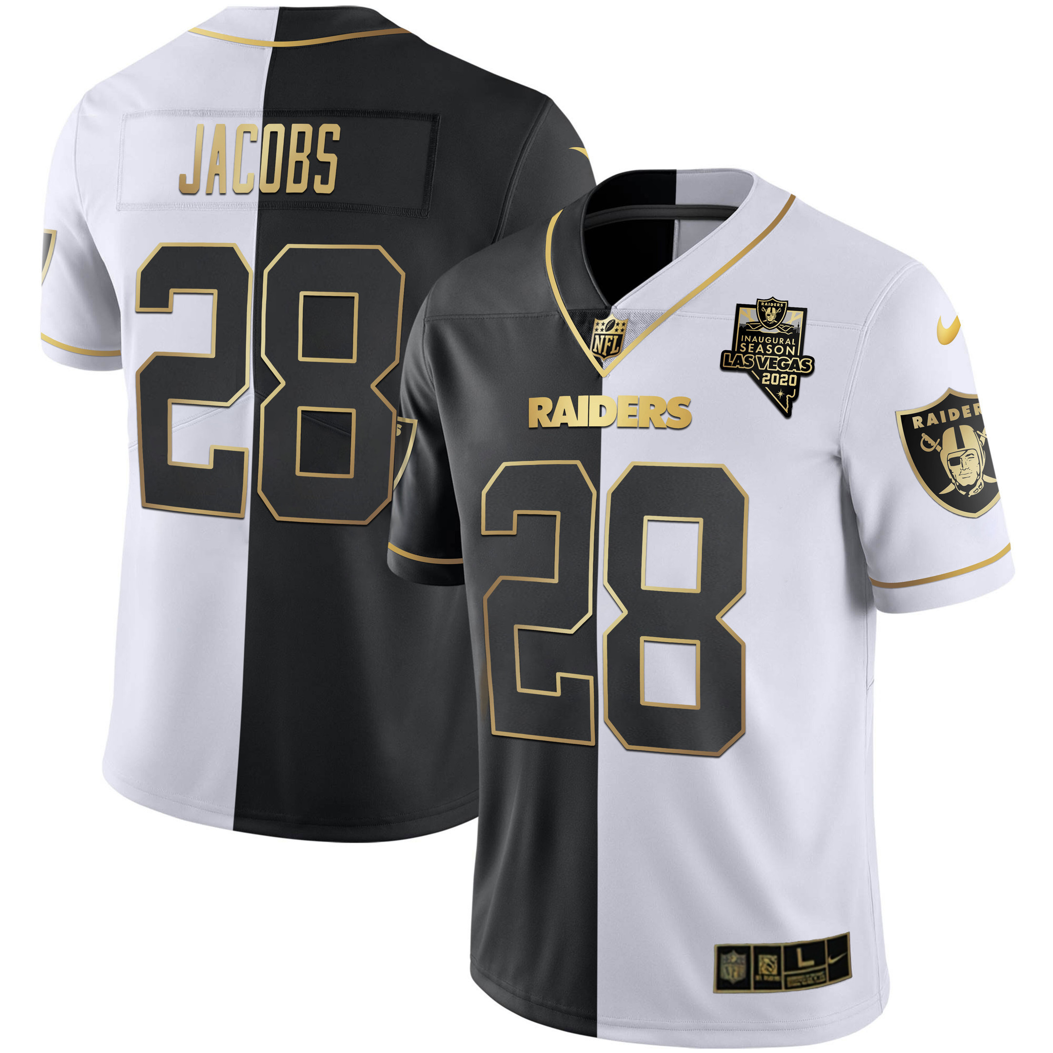 Josh Jacobs Men's Las Vegas Raiders Inaugural Season Patch Gold & Split - All Stitched Split Gold Jersey - All Stitched