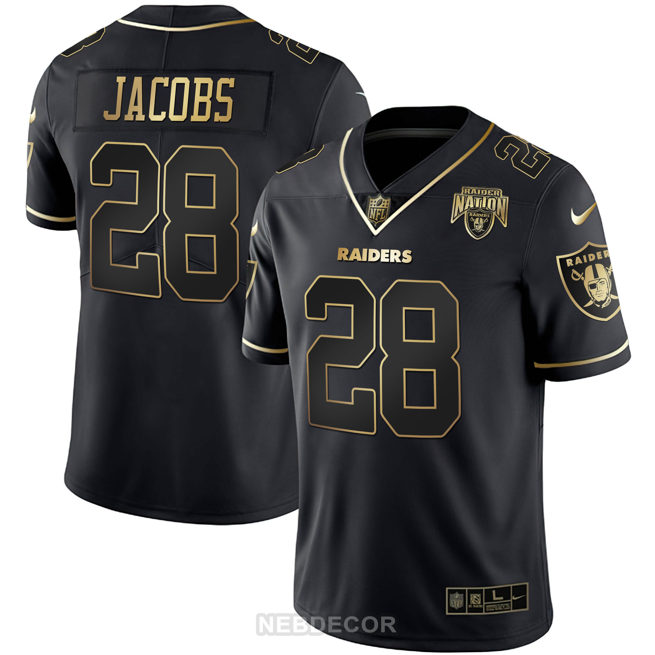 Josh Jacobs Men's Las Vegas Raiders Raider Nation Patch White Gold and Black Gold Black Gold Jersey - All Stitched