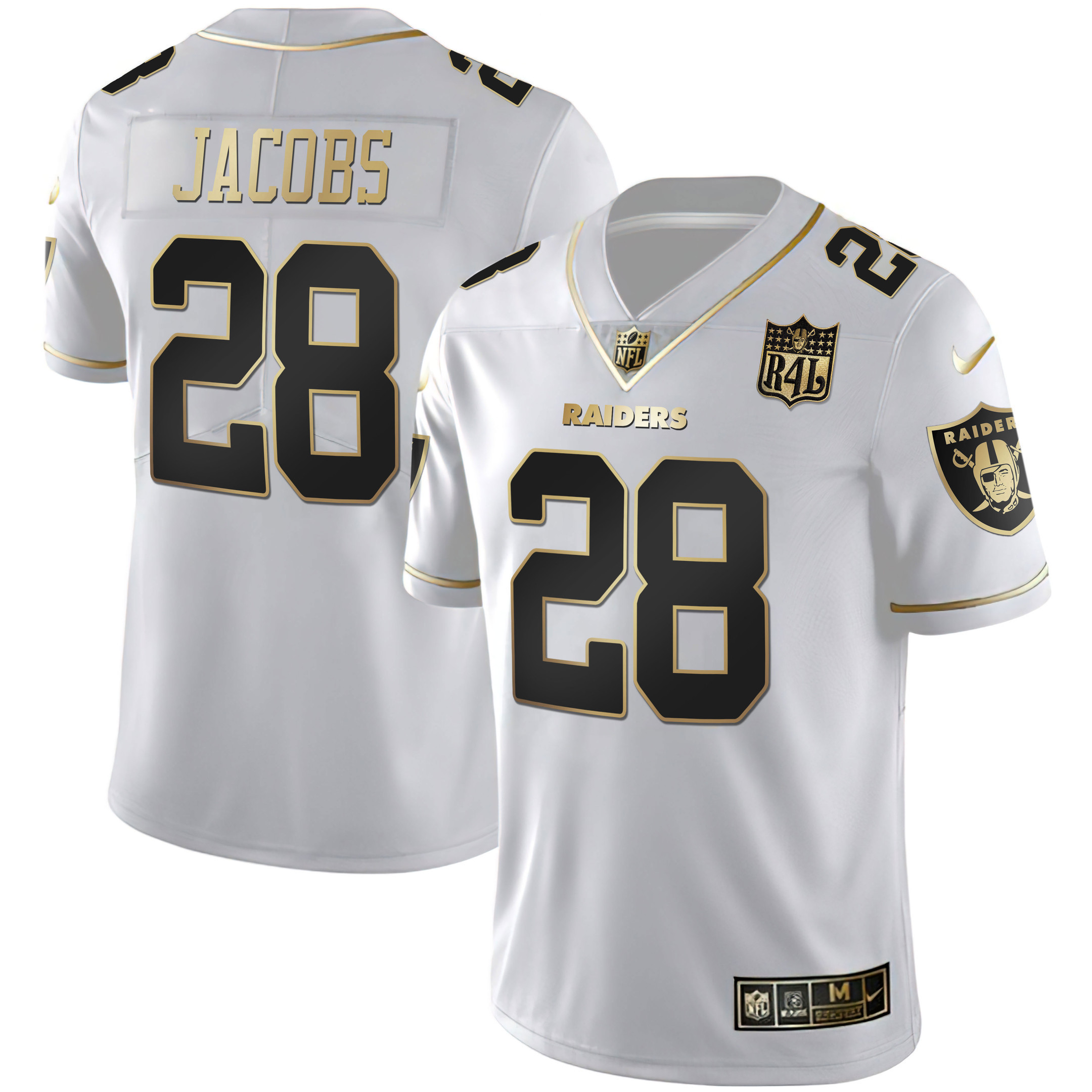 Josh Jacobs Men's Las Vegas Raiders Raider4Life Patch White Gold and Black Gold - All Stitched White Gold Jersey - All Stitched