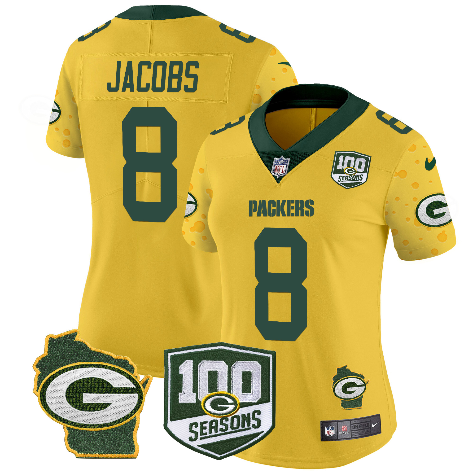 Josh Jacobs Women's Green Bay Packers 100th Season & Home Patch Cheese Vapor Limited Jersey ÃƒÂ¢Ã¢â€šÂ¬Ã¢â‚¬Å“ All Stitched Gold Jersey - All Stitched