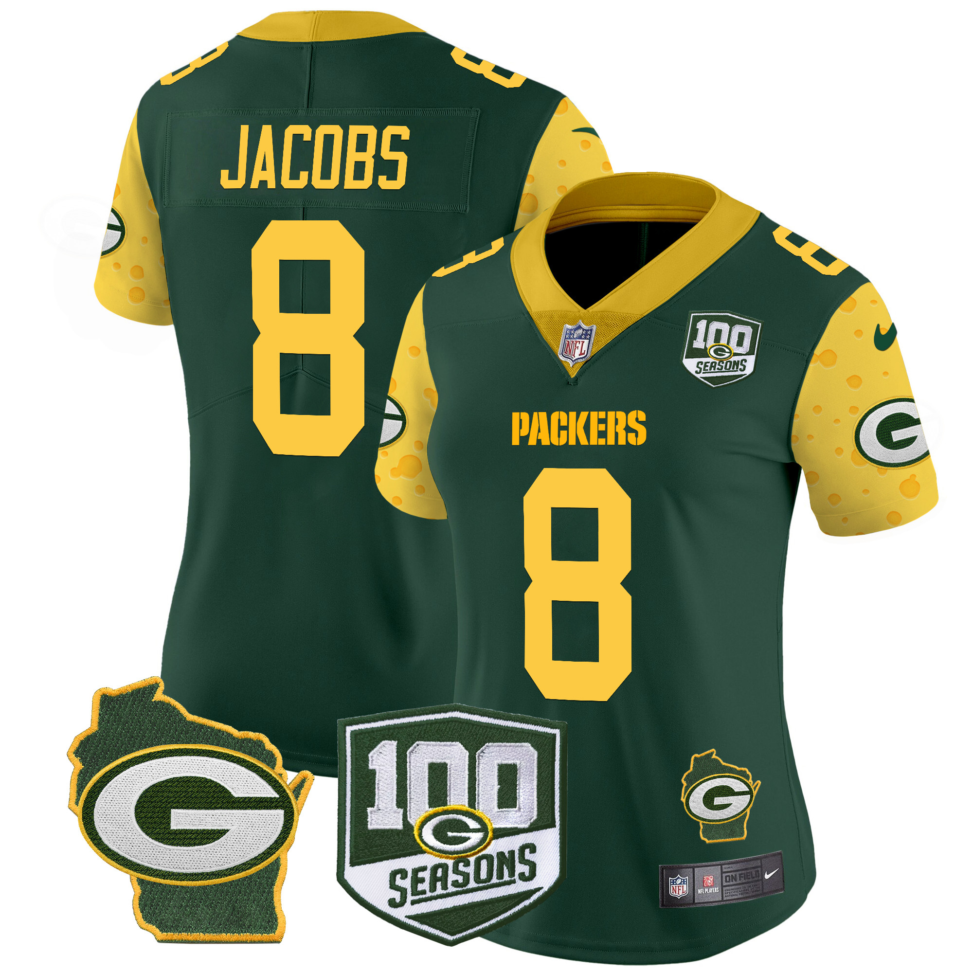 Josh Jacobs Women's Green Bay Packers 100th Season & Home Patch Cheese Vapor Limited Jersey ÃƒÂ¢Ã¢â€šÂ¬Ã¢â‚¬Å“ All Stitched Green Jersey - All Stitched
