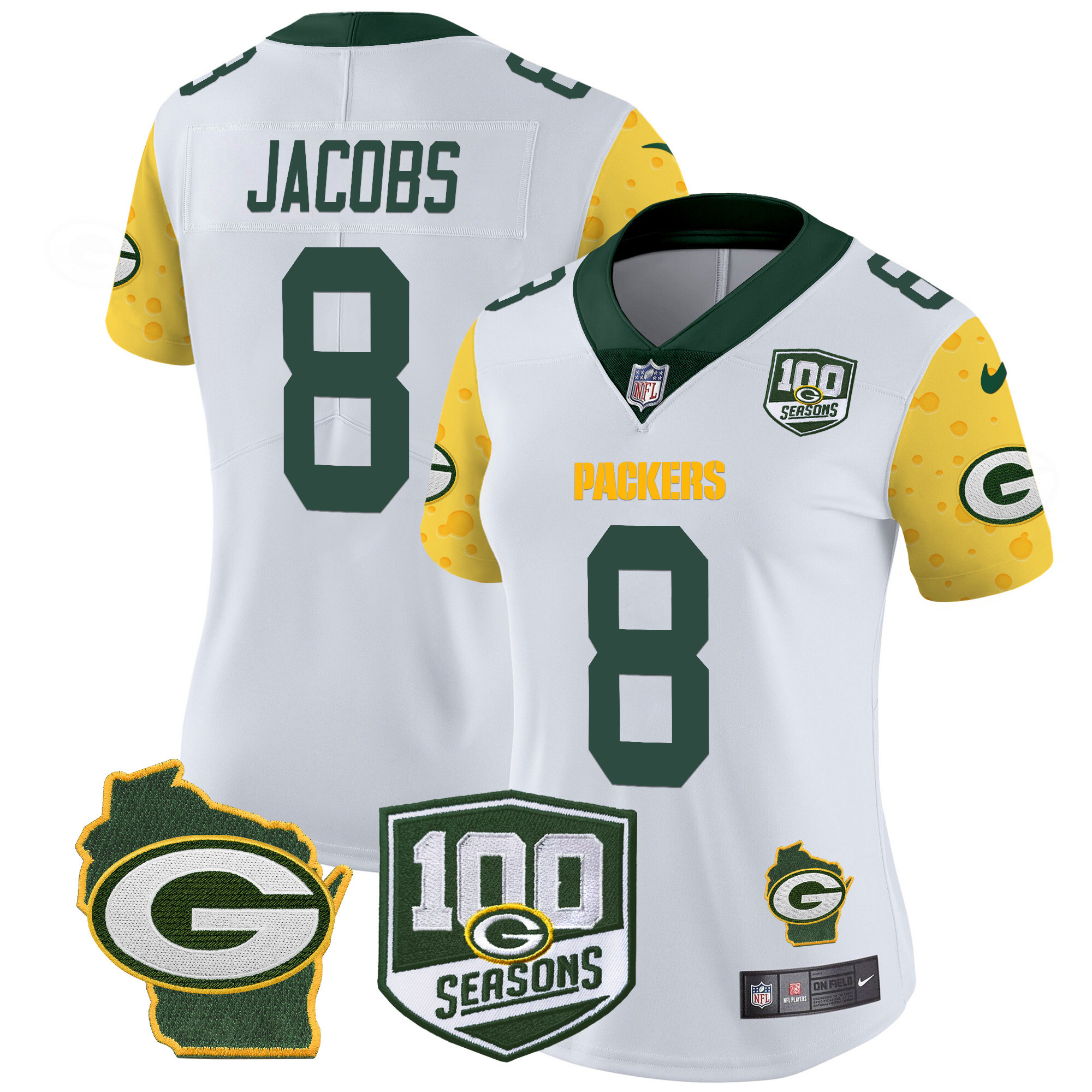 Josh Jacobs Women's Green Bay Packers 100th Season & Home Patch Cheese Vapor Limited Jersey Ã¢â‚¬â€œ All Stitched White Jersey - All Stitched