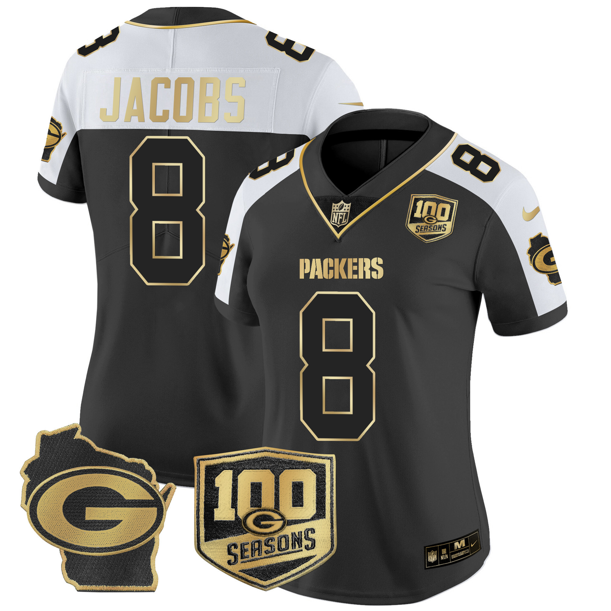 Josh Jacobs Women's Green Bay Packers 100th Season & Home Patch Gold Vapor Limited Jersey Ã¢â‚¬â€œ All Stitched Alternate Jersey - All Stitched