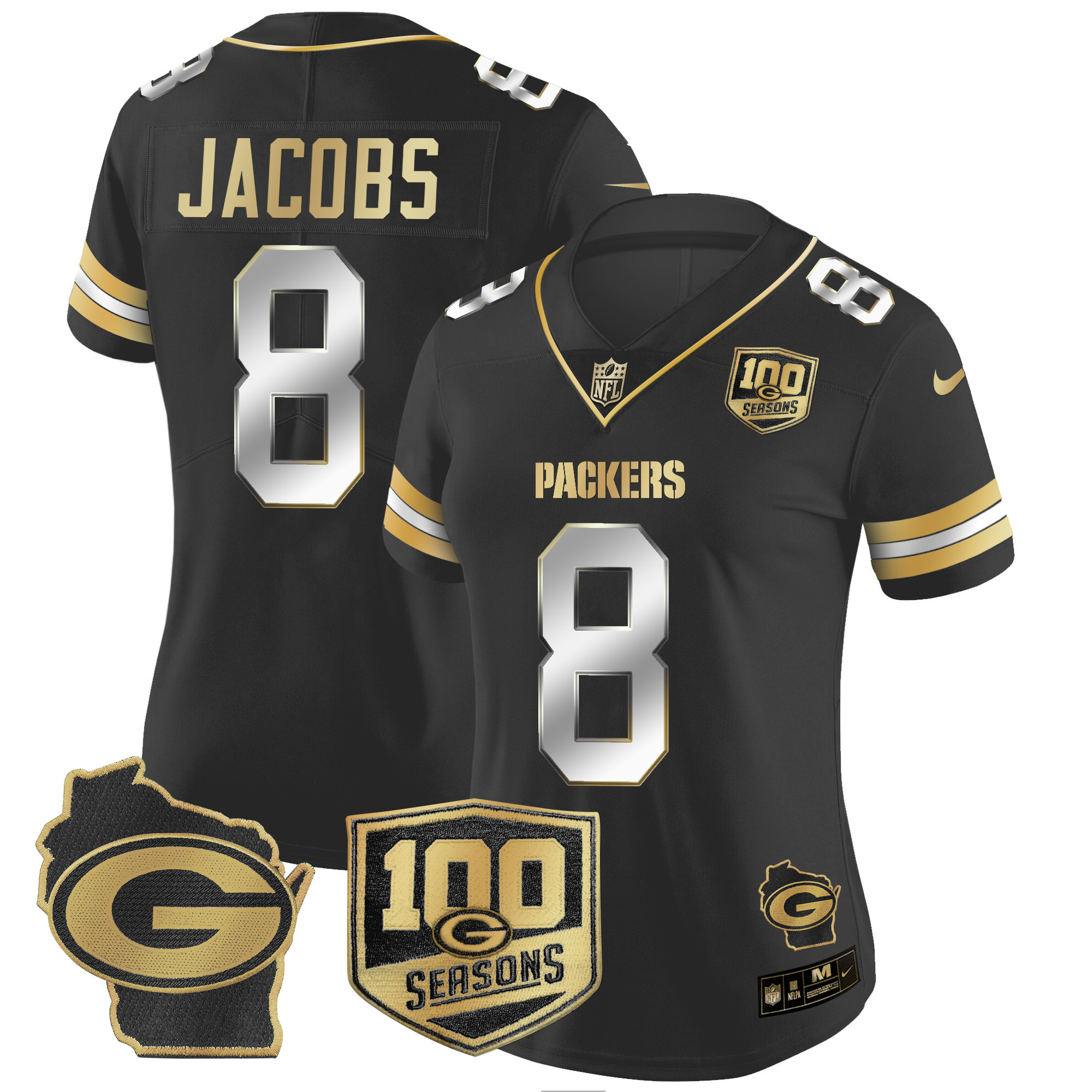 Josh Jacobs Women's Green Bay Packers 100th Season & Home Patch Gold Vapor Limited Jersey ÃƒÂ¢Ã¢â€šÂ¬Ã¢â‚¬Å“ All Stitched Black Limited Jersey - All Stitched