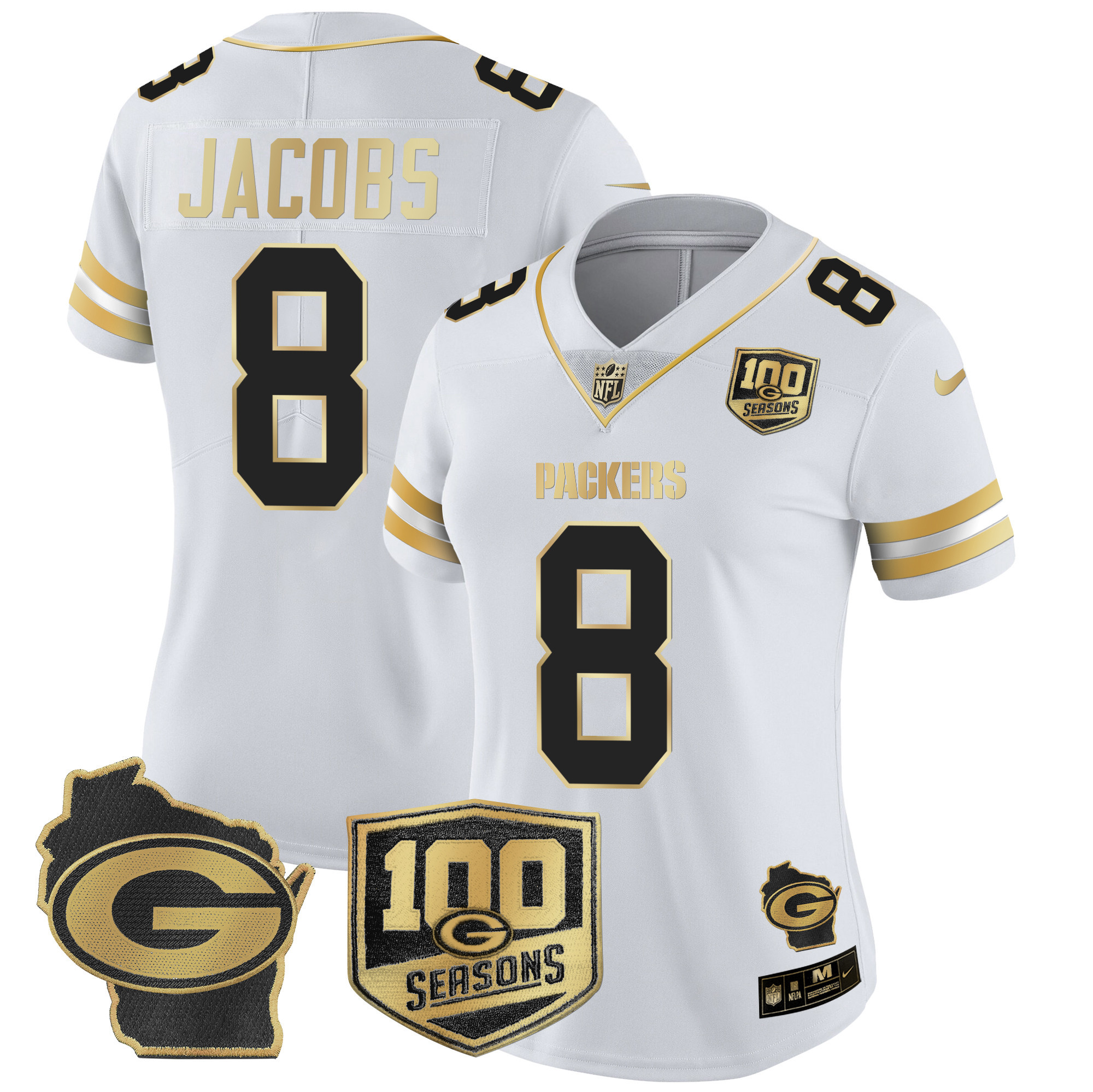 Josh Jacobs Women's Green Bay Packers 100th Season & Home Patch Gold Vapor Limited Jersey Ã¢â‚¬â€œ All Stitched White Gold Jersey - All Stitched