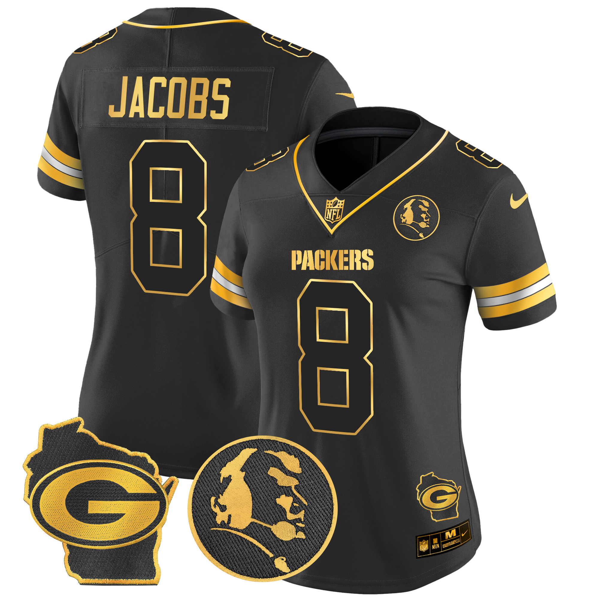Josh Jacobs Women's Green Bay Packers John Madden & Home Patch Gold Vapor Limited Black Gold Jersey - All Stitched
