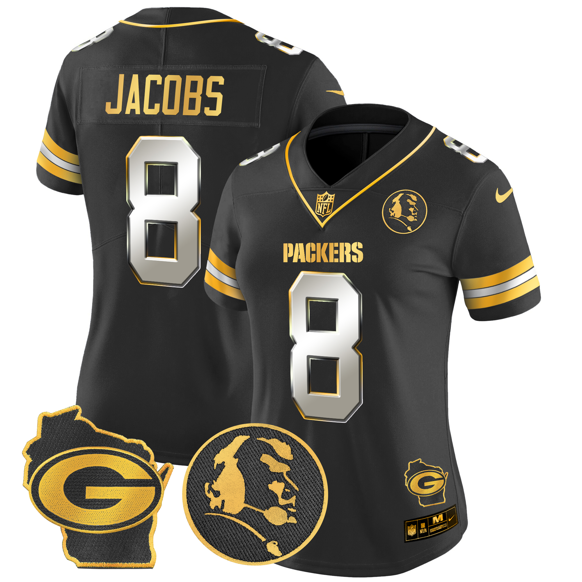 Josh Jacobs Women's Green Bay Packers John Madden & Home Patch Gold Vapor Limited Black Limited Jersey - All Stitched