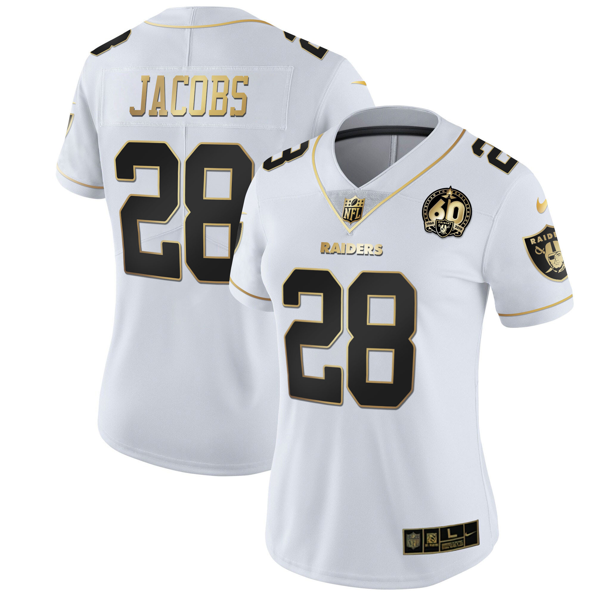 Josh Jacobs Women's Las Vegas Raiders 60th Season Patch Gold & Split - All Stitched White Gold Jersey - All Stitched