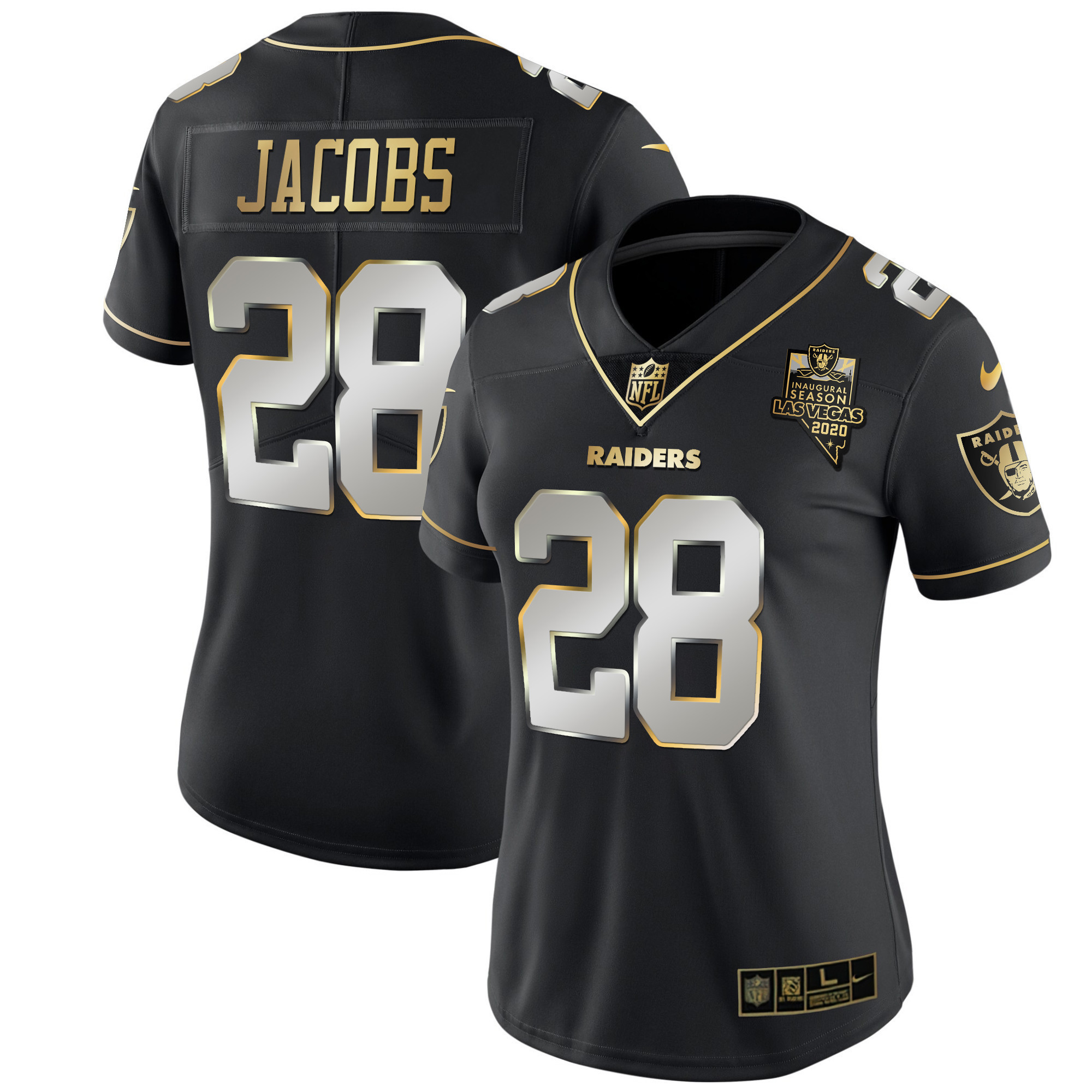 Josh Jacobs Women's Las Vegas Raiders Inaugural Season Patch Gold & Split - All Stitched Black Limited Jersey - All Stitched