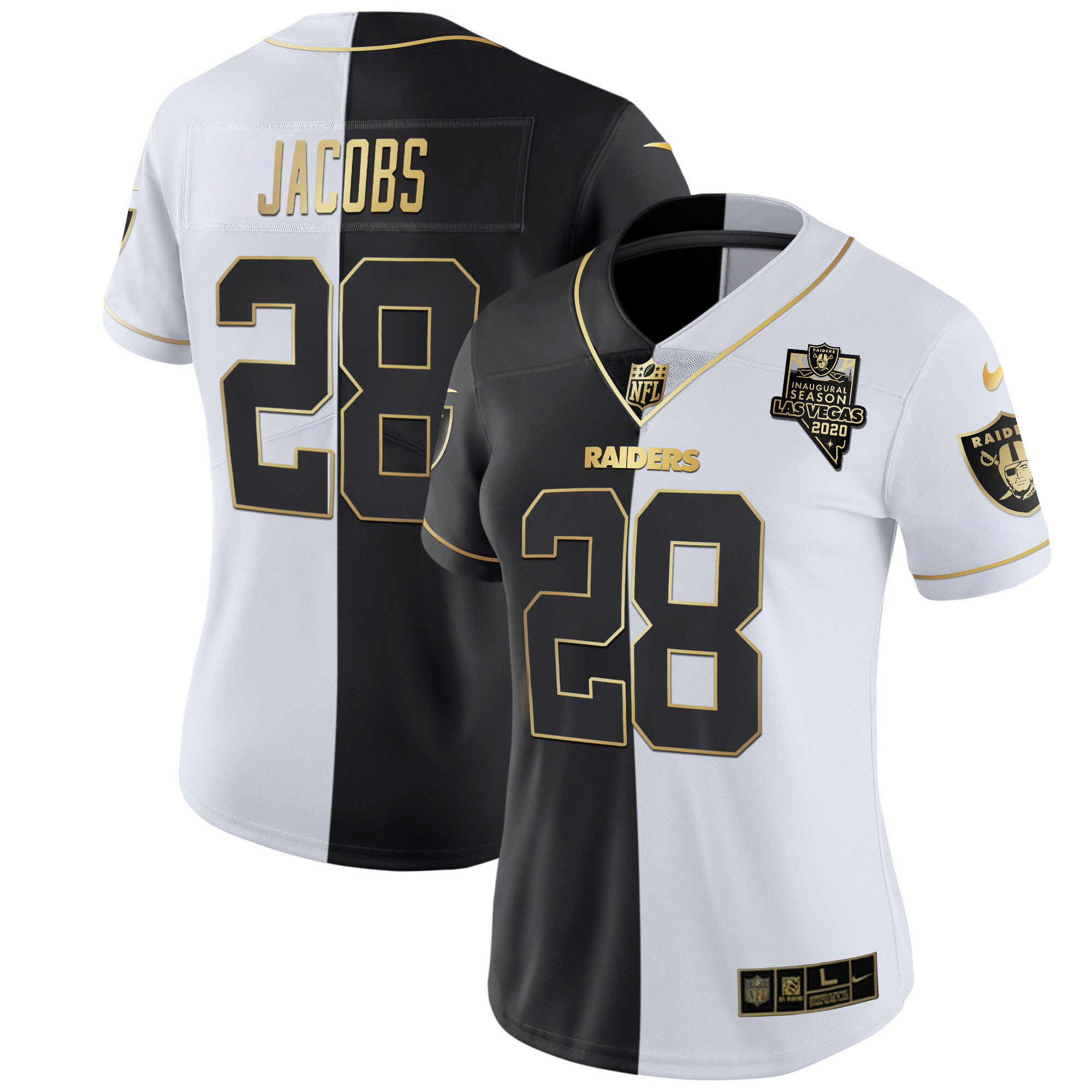 Josh Jacobs Women's Las Vegas Raiders Inaugural Season Patch Gold & Split - All Stitched Split Gold Jersey - All Stitched