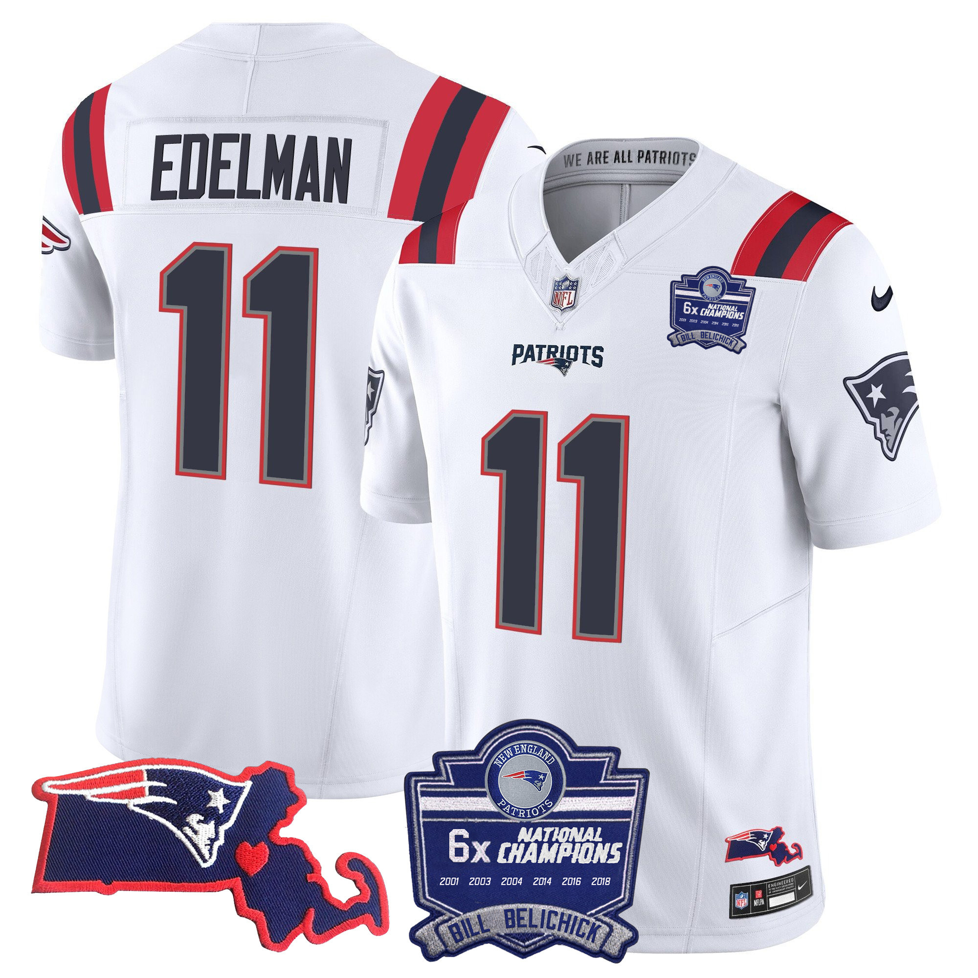 Julian Edelman Men's New England Patriots Bill Belichick 6x Champions Patch Vapor White Jersey - All Stitched