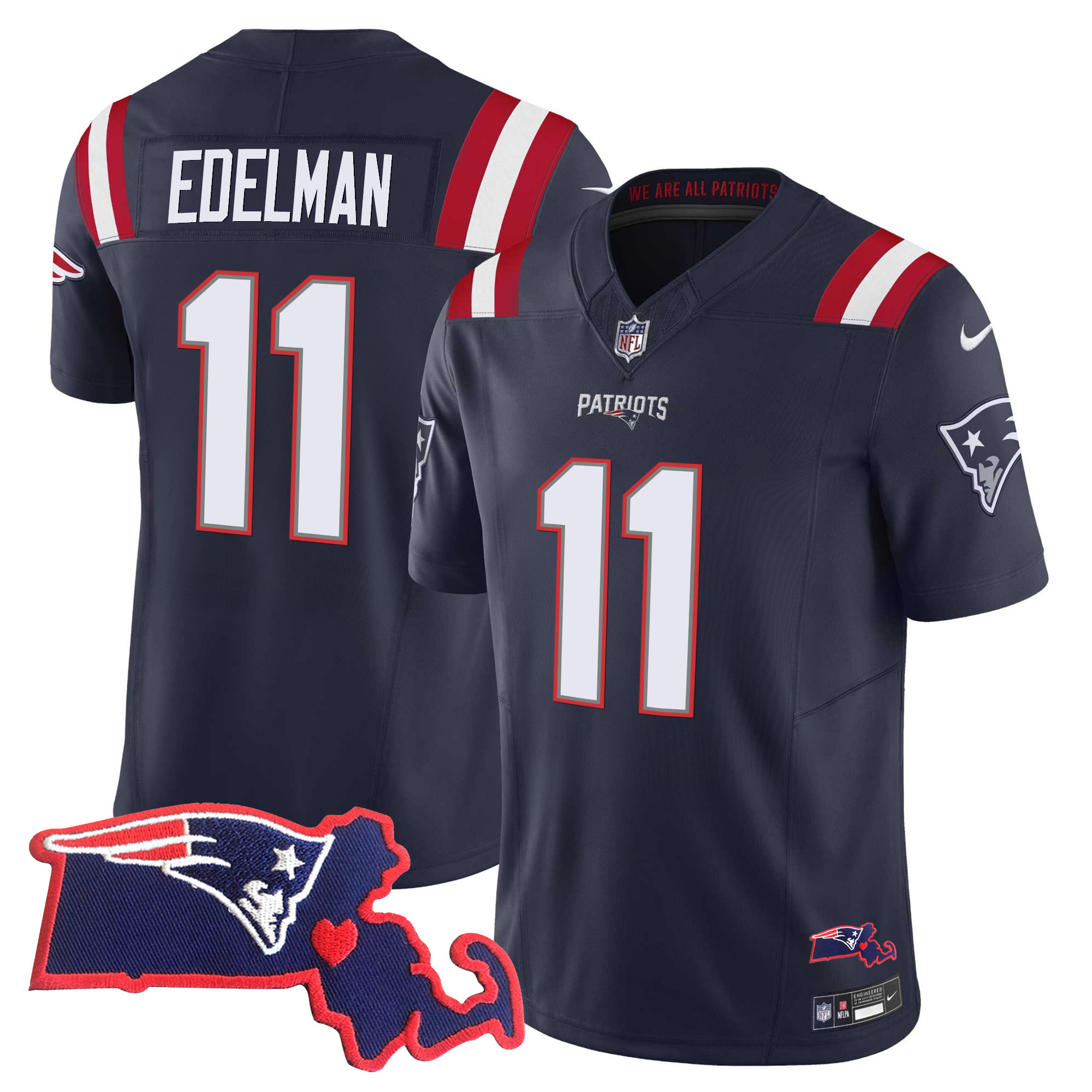 Julian Edelman Men's New England Patriots Massachusetts Patch Vapor Navy Jersey - All Stitched