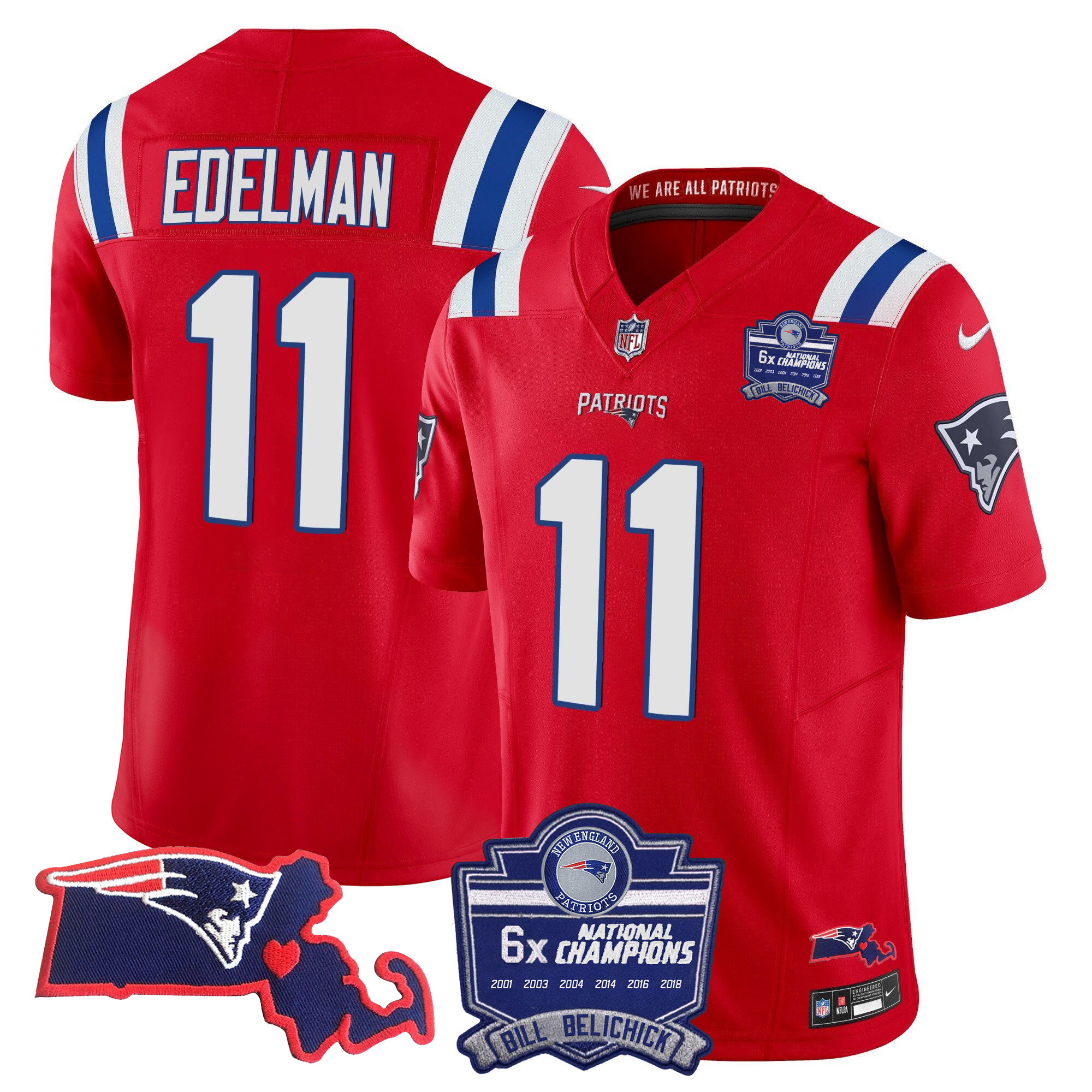 Julian Edelman Women's New England Patriots Bill Belichick 6x Champions Patch Vapor Red Jersey - All Stitched