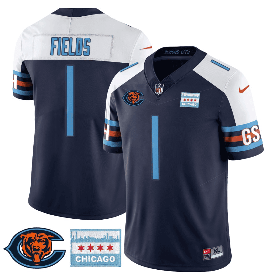 Justin Fields MenÃ¢â‚¬â„¢s Chicago Bears City Edition GSH Navy Alternate Jersey - All Stitched